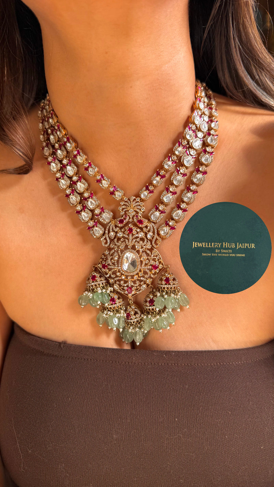 Triple line ruby moissanite ling rani Har with strawberry drops