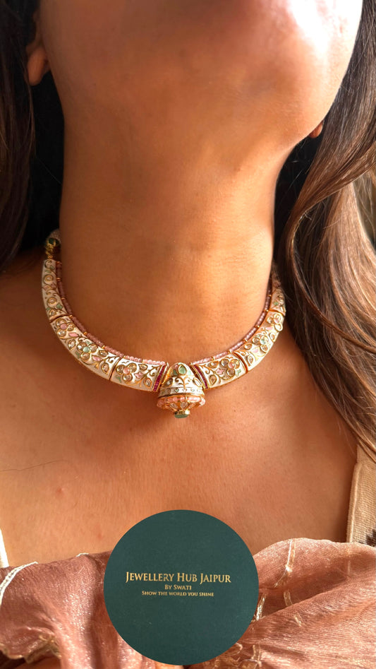 Mint & rose quartz off white meenakari hasli