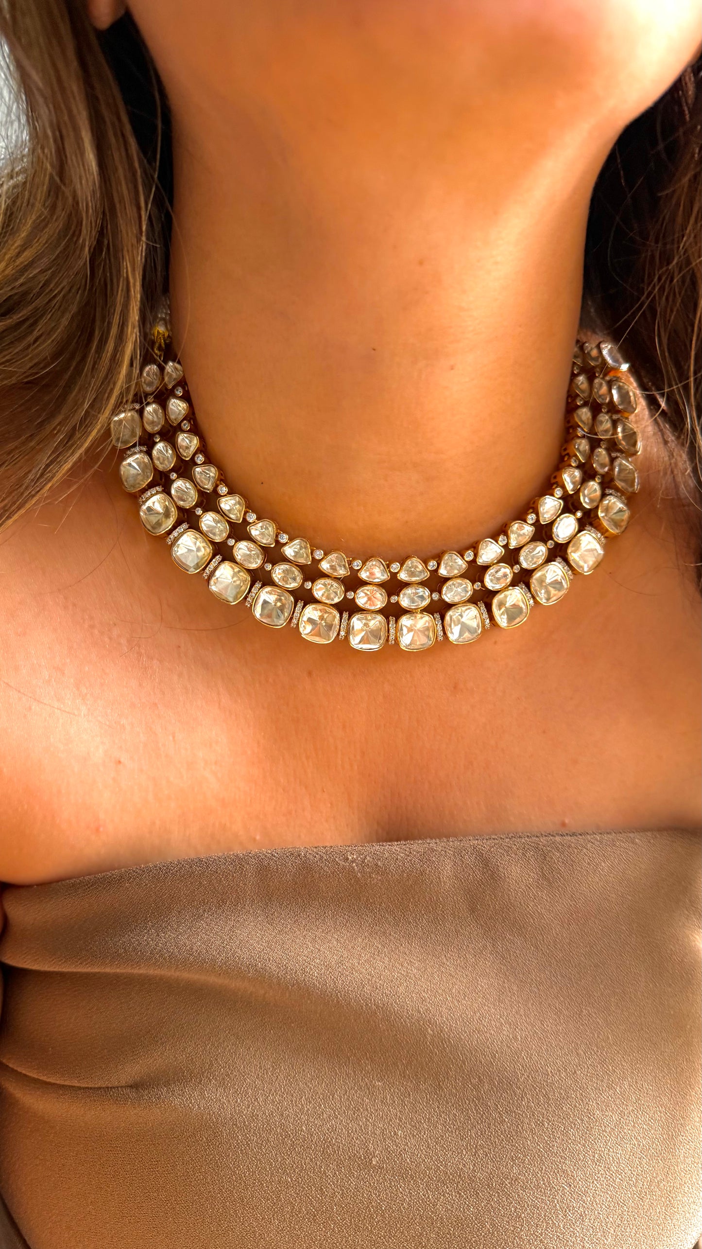 Real moissanite peeli polki triple line collar necklace