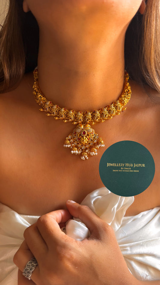 Ruby designer with minimal jhumka with pearl drop temple set