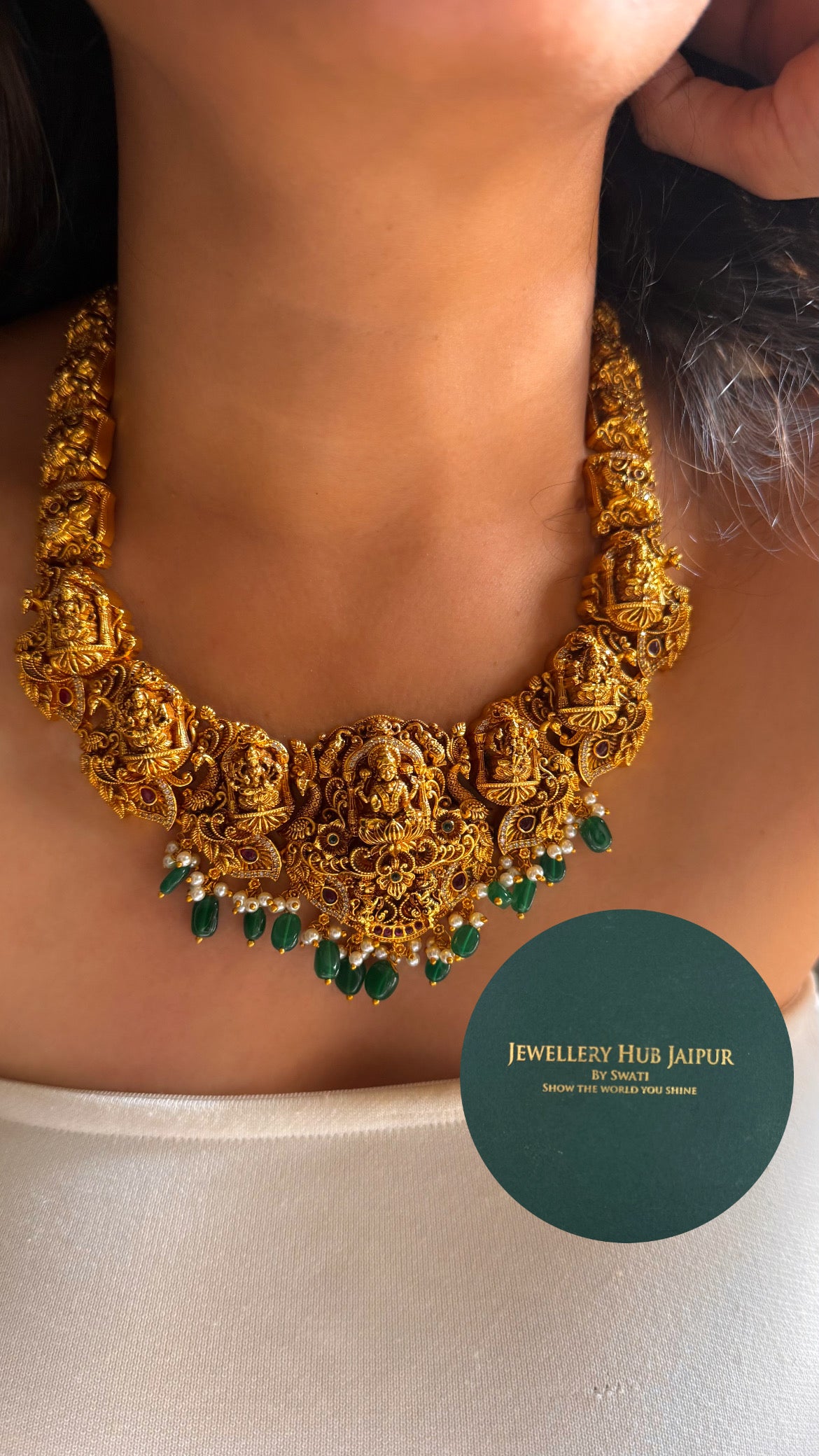 Goddess laxmi with emerald drop temple collar set