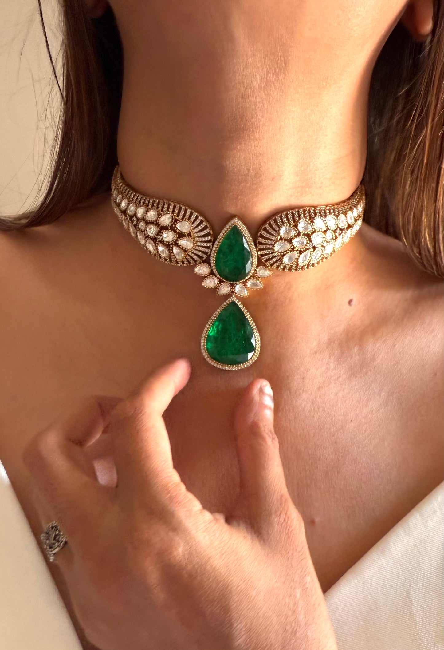 Pranika Emerald doublet Moissanite polki designer choker