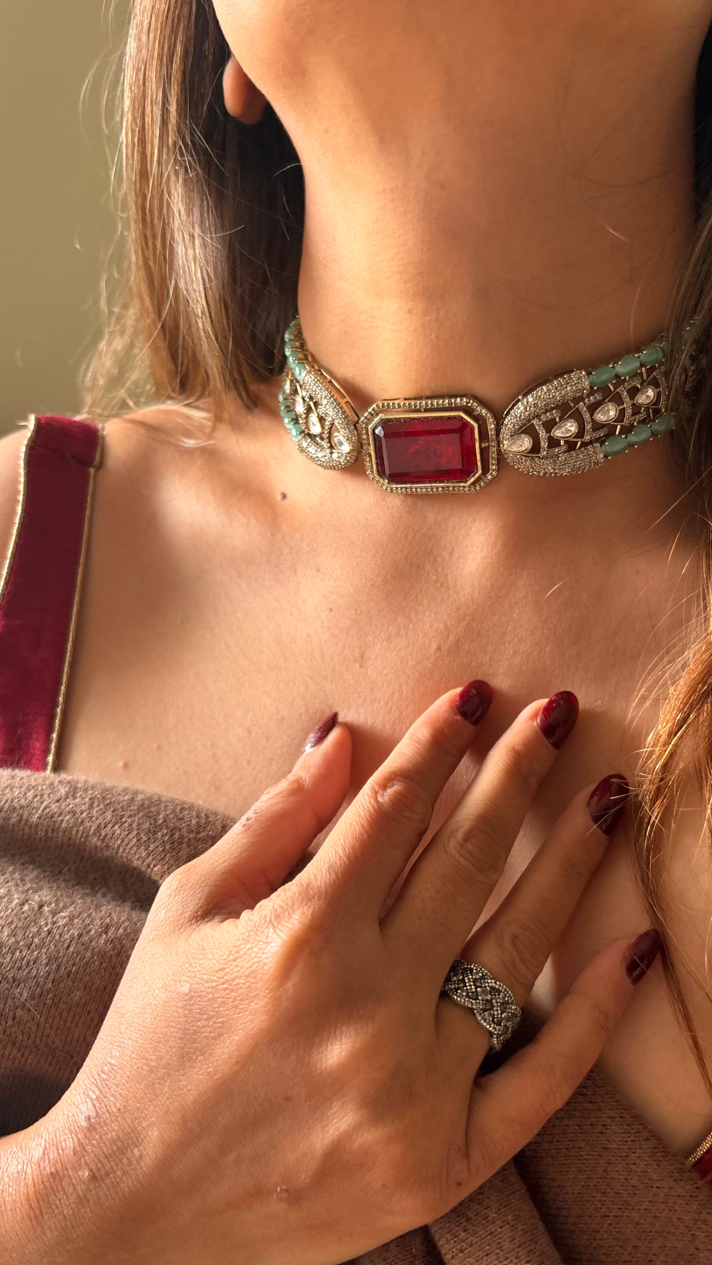 Mint & ruby Moissanite choker