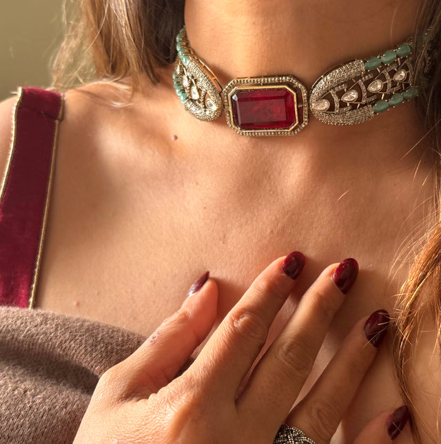 Mint & ruby Moissanite choker