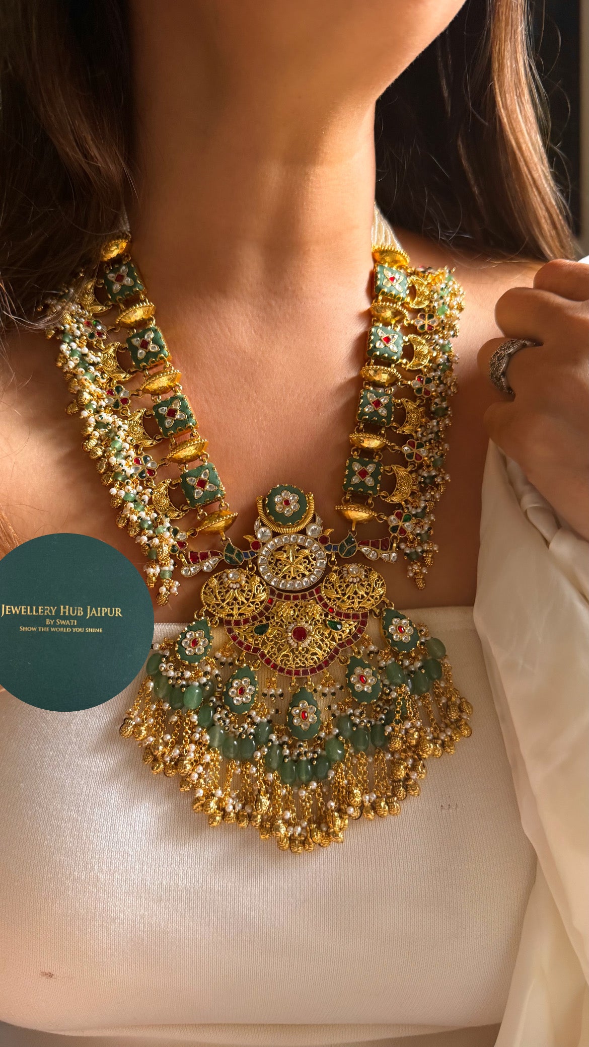 Handmade Heritage Polki Mint inlay work & rani pink with mint drops rajwada heritage mid length set