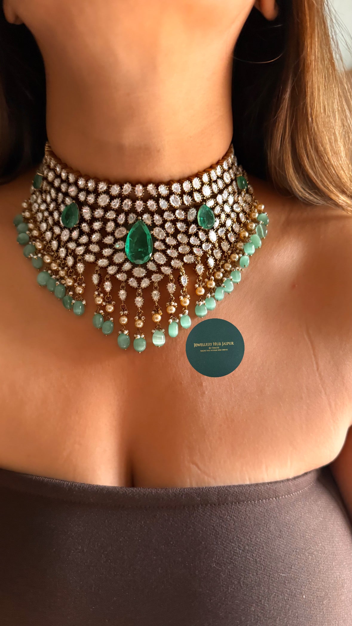 Emerald doublet moissanite polki Victorian choker set