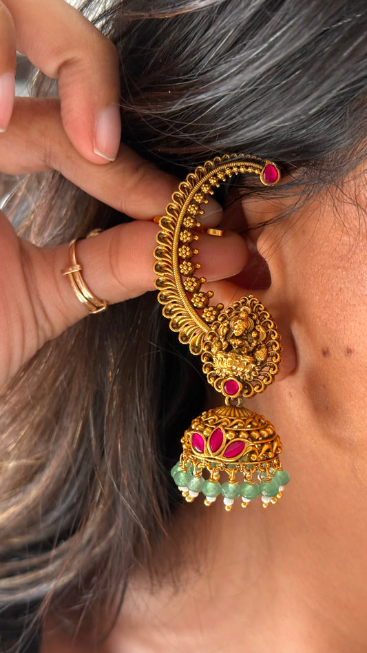Goddess Laxmi Rani pink ear cuff temple Jhumka with mint drops