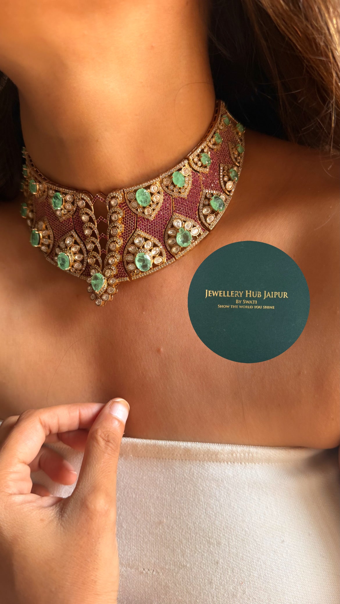 Mint doublet & rani pink moissanite uncut polki choker set
