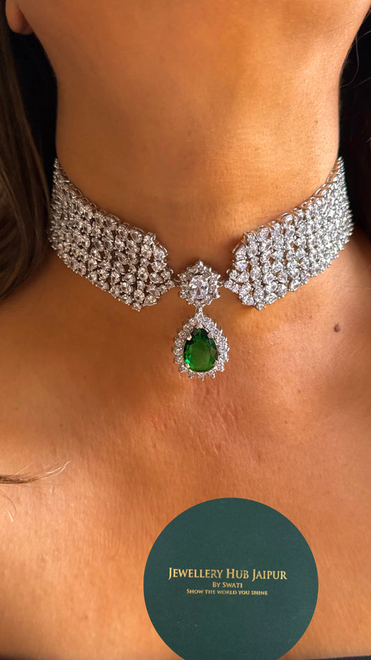 Emerald doublet cz diamond choker Necklace