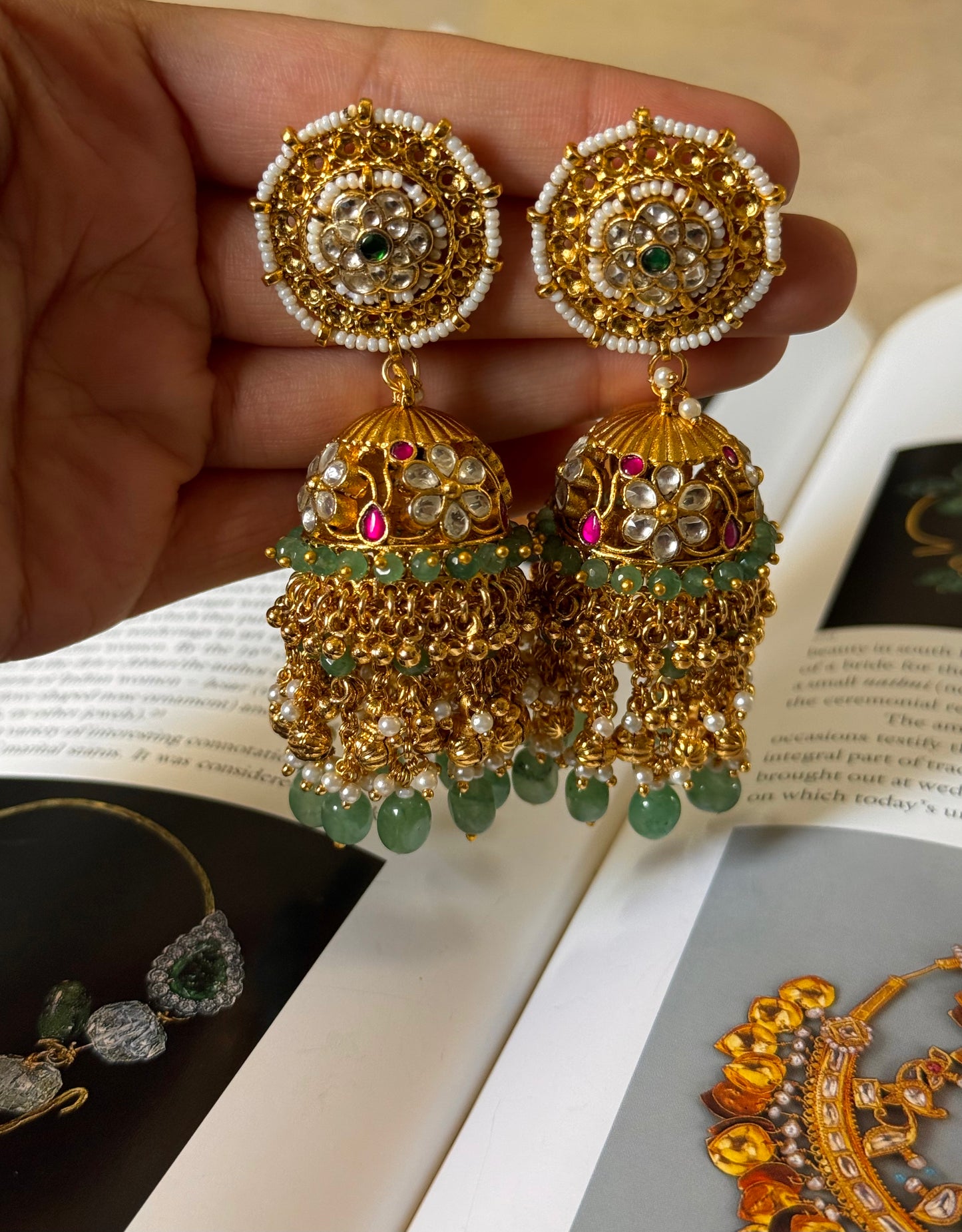 Rani pink paachi kundan with mint & gungroo drops jhumki