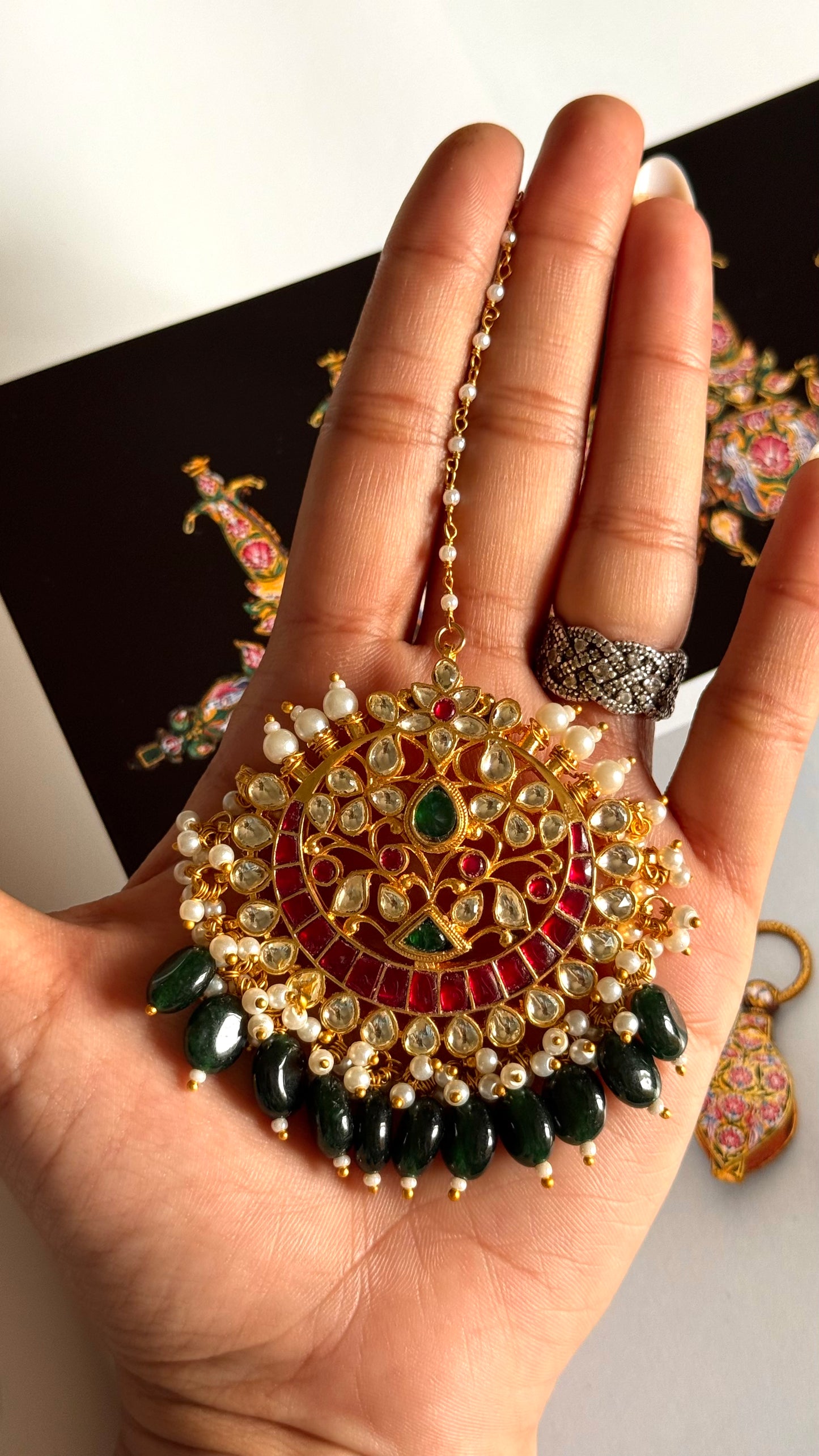 Paachi Rani pink & emerald with emerald drops heritage maangtika