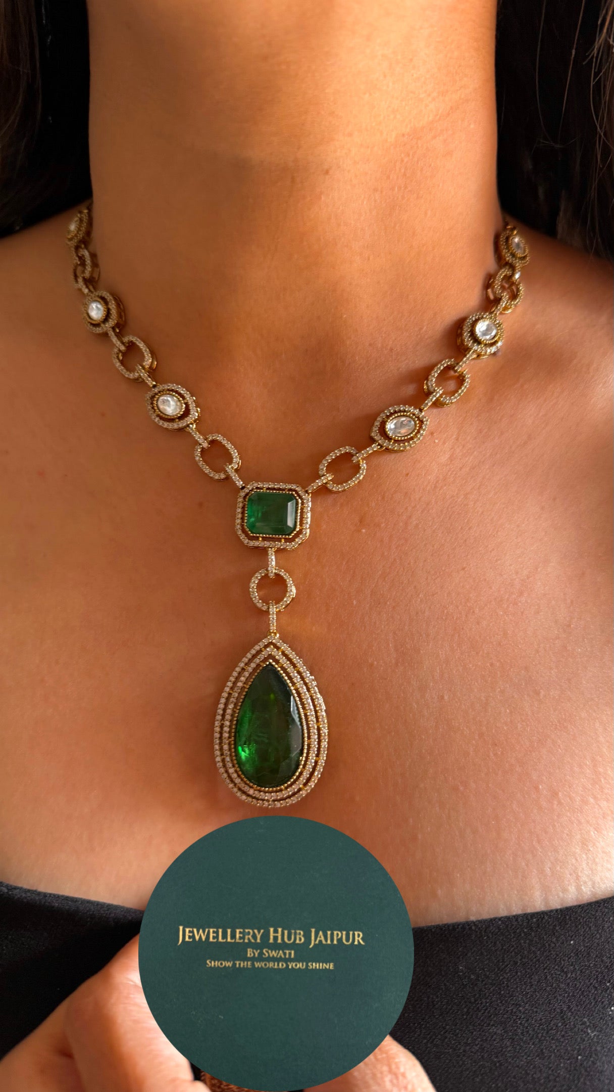 Emerald tear drop long pendant minimal necklace