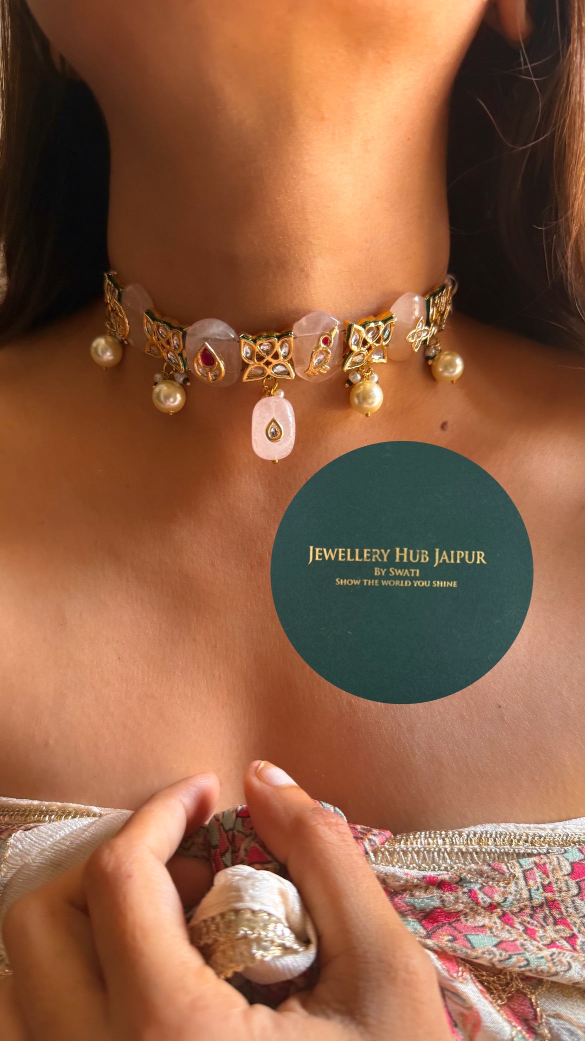 Rose quartz inlay work & emerald meenakari paachi choker set