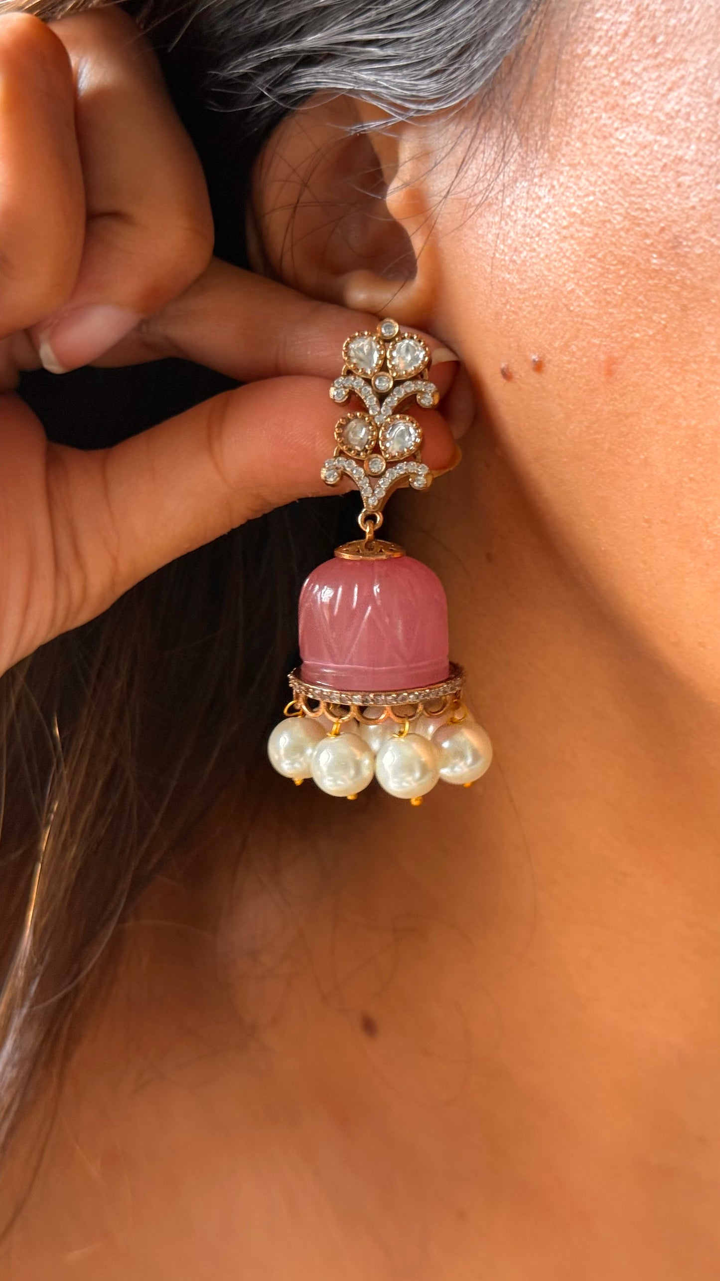 Rose quartz carving moissanite jhumki
