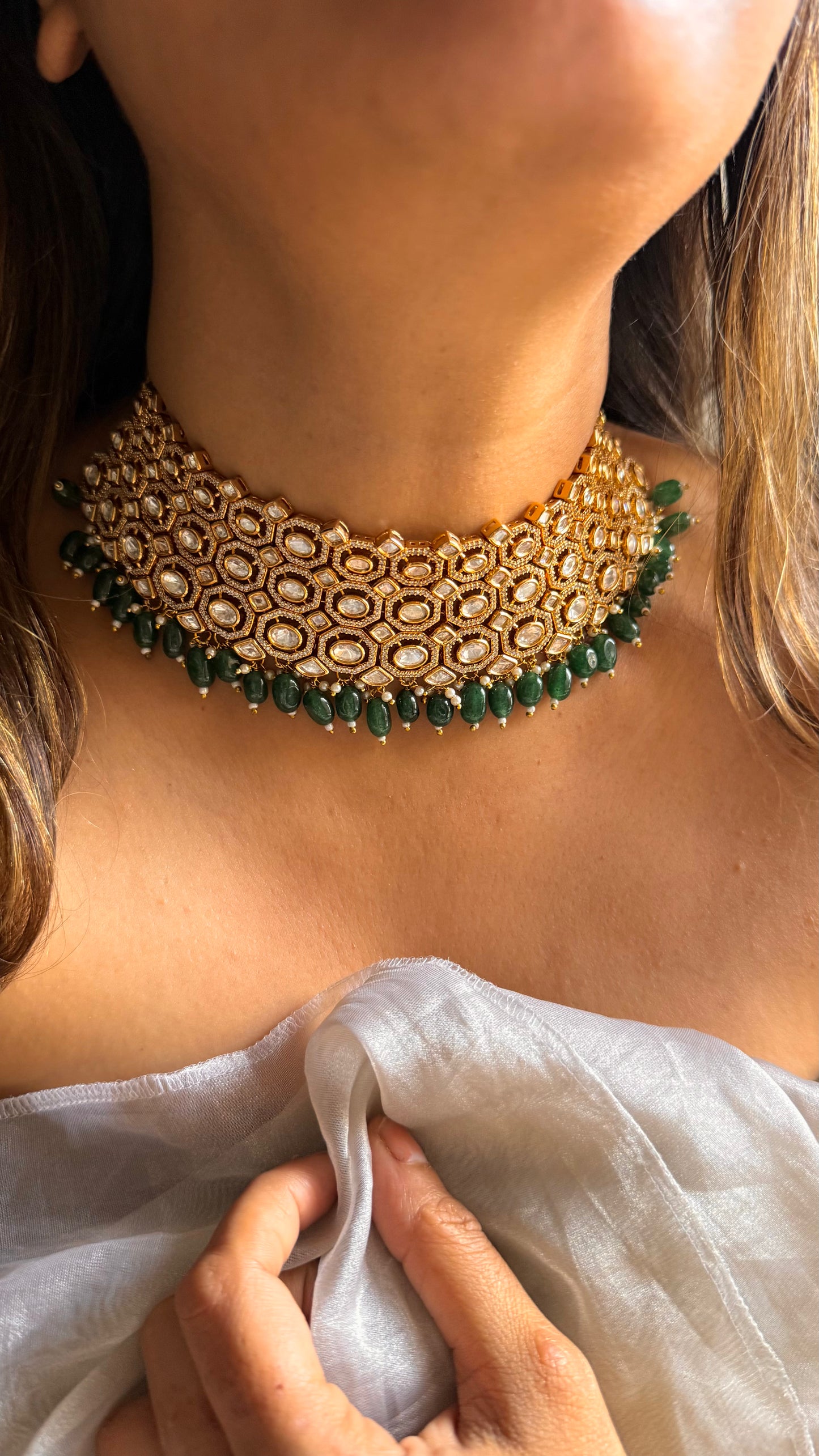 Polki Choker with emerald drop detailing
