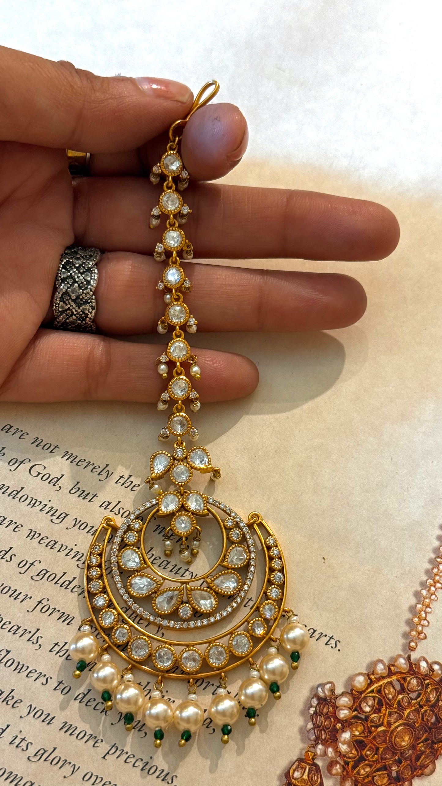Polki chandbali maangtika with pearl detailing