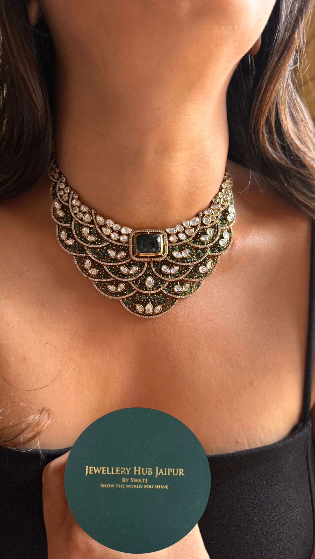 Sapphire doublet with emerald feathered designer Necklace