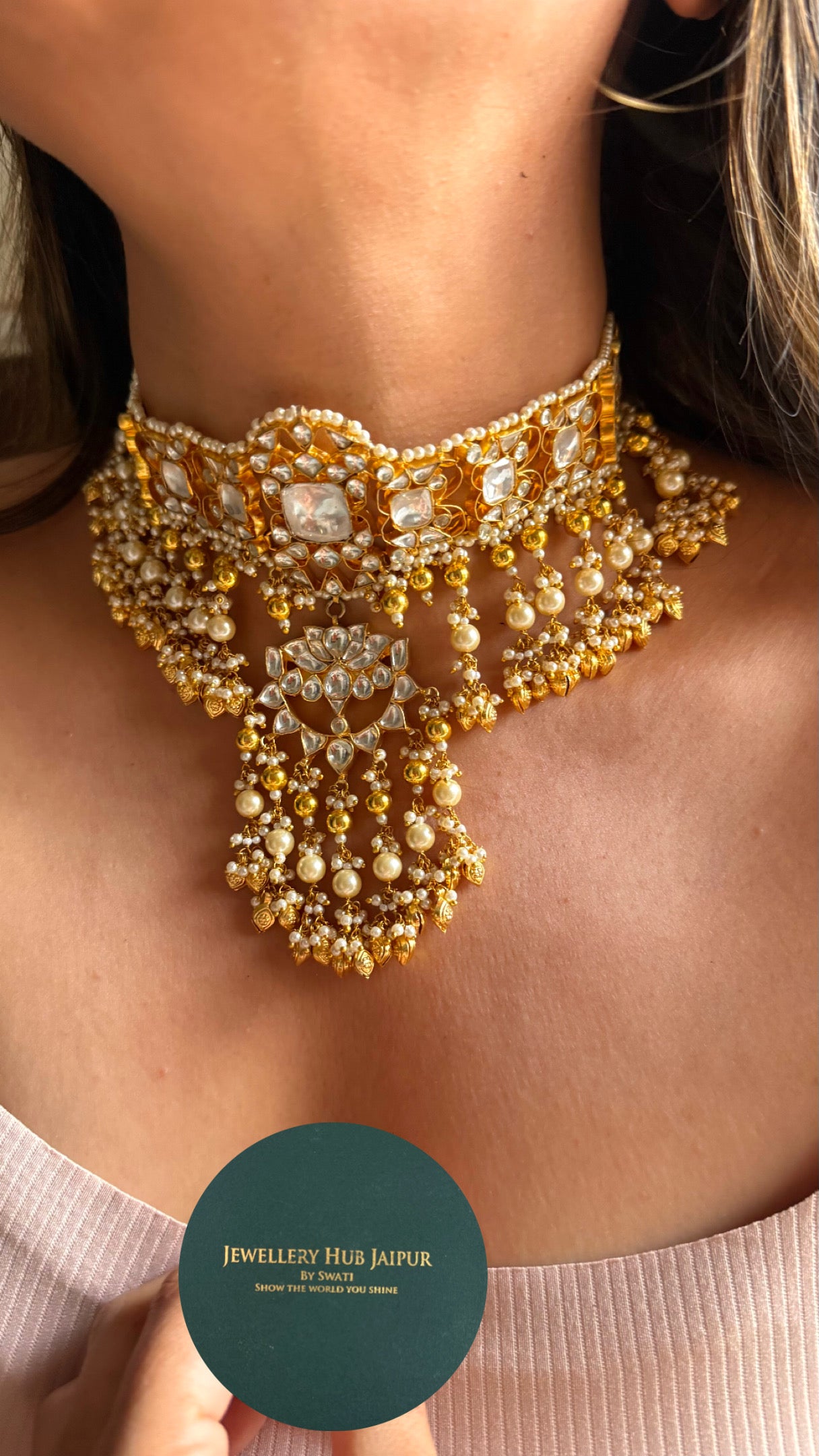Lotus inspired handmade Paachi kundan choker necklace