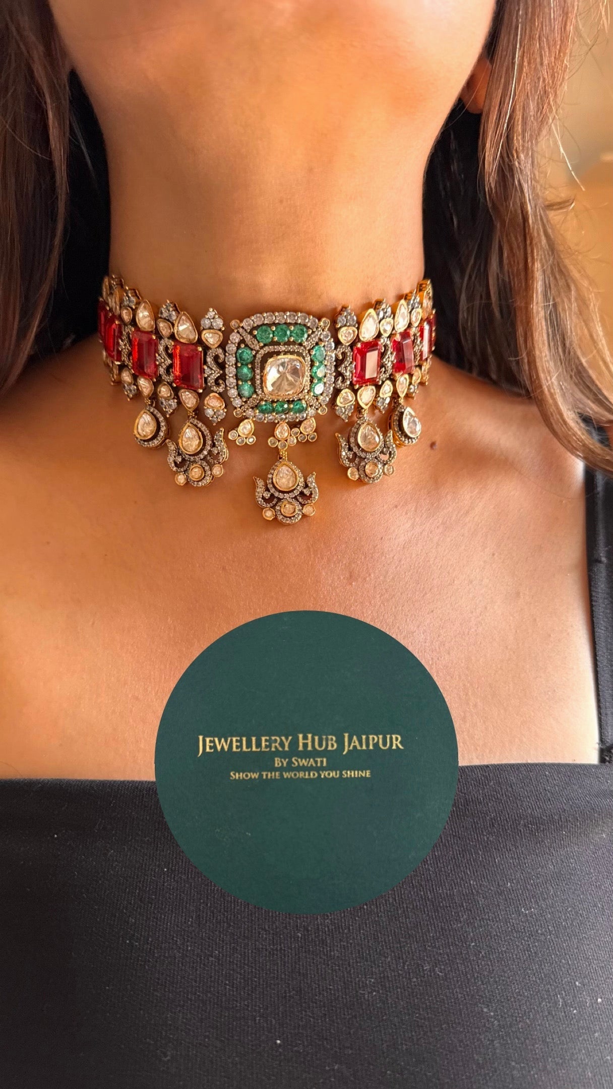 Rani pink ruby & emerald doublets uncut peeli polki combo necklace