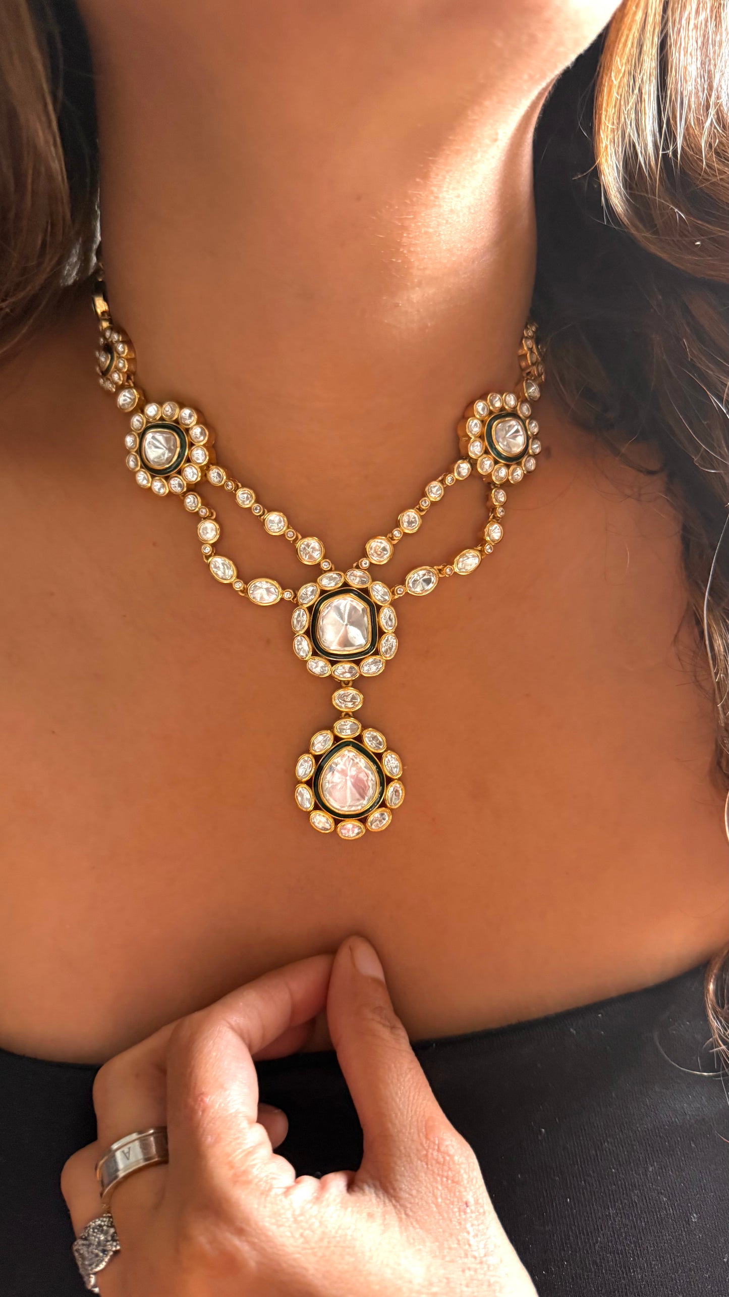 Emerald uncut polki meenakari designer dual line neckalce