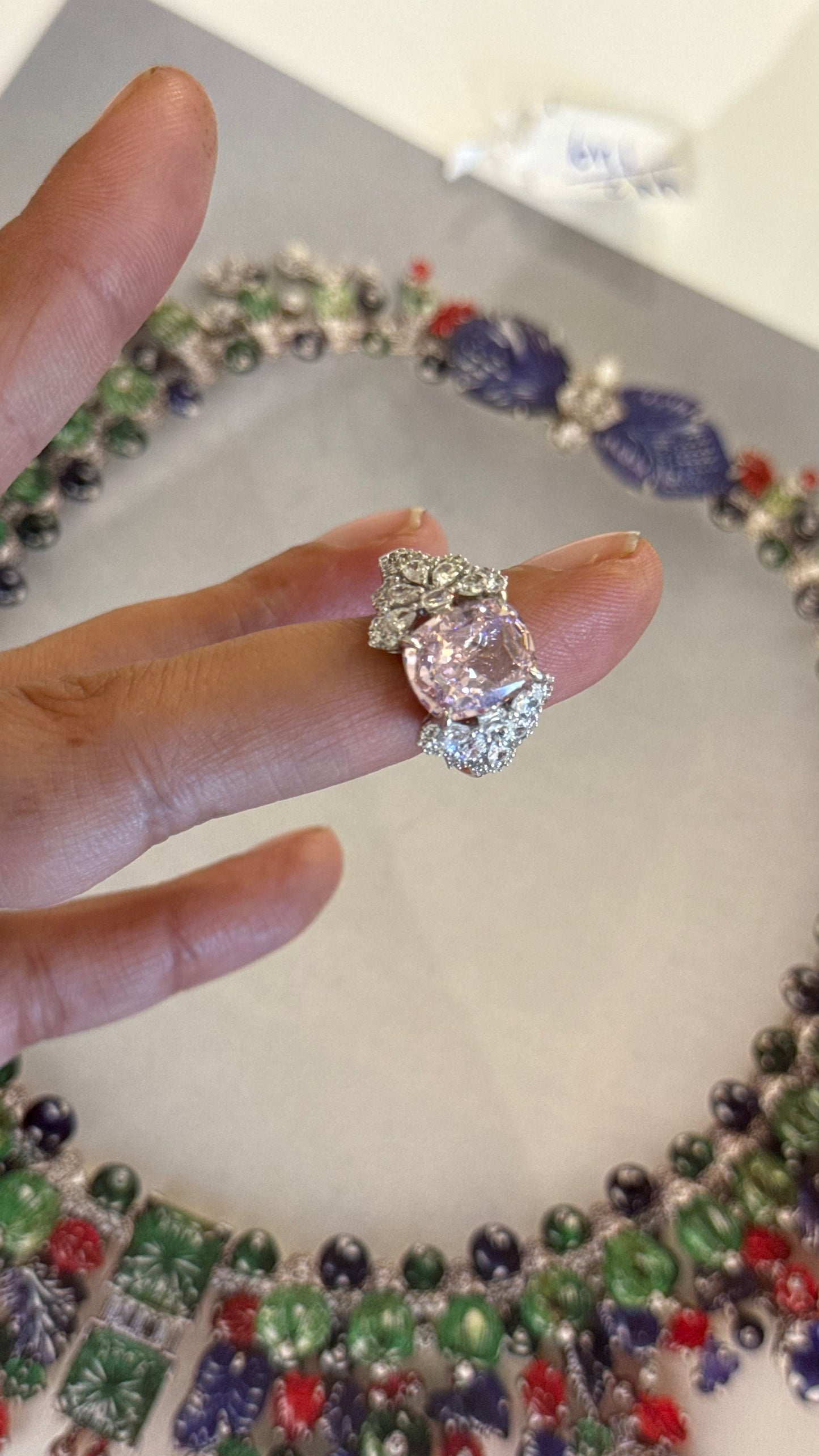 Rose quarts Cz diamond cocktail ring
