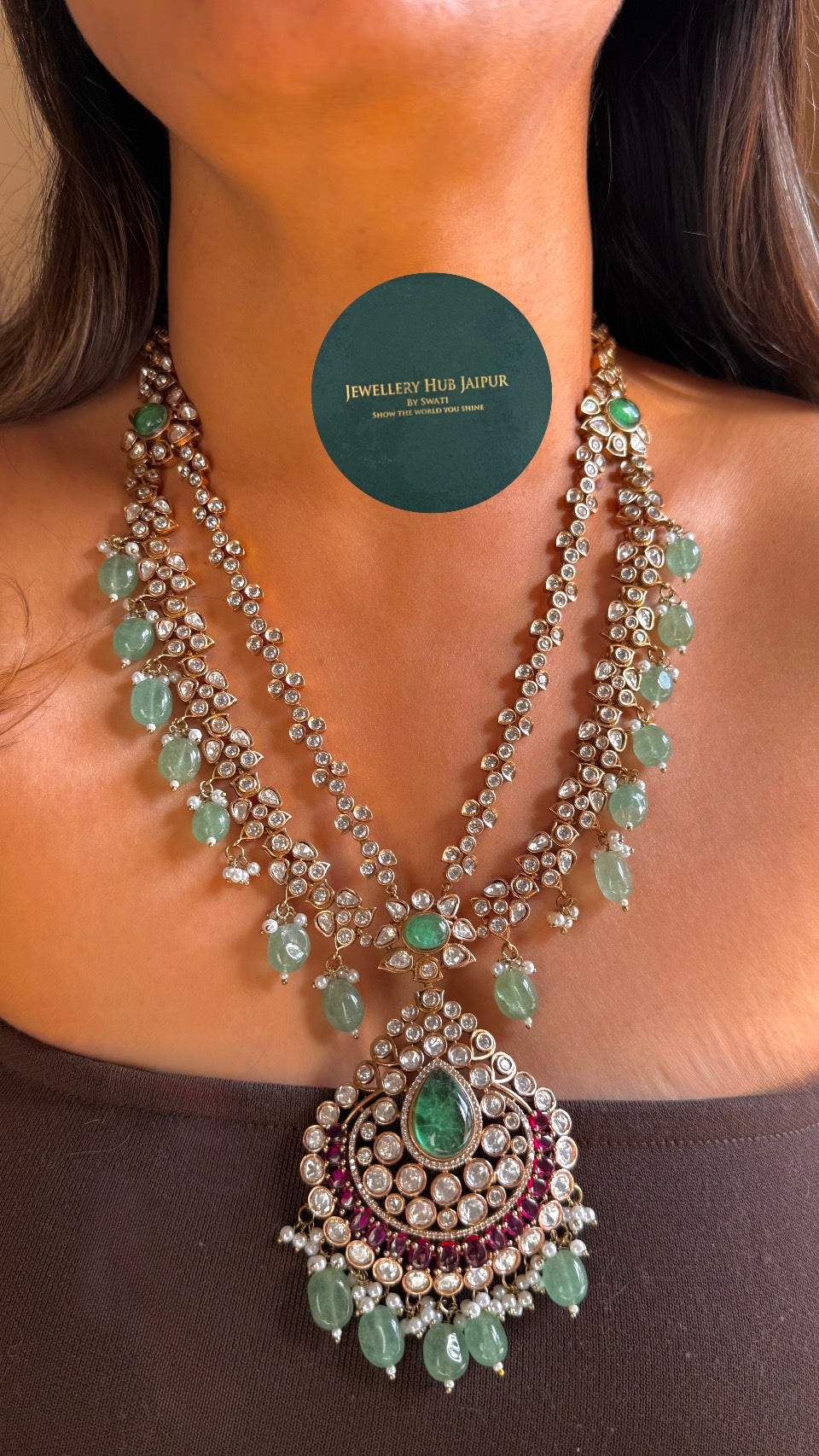 Dual line tear drop emerald & rani pink moissanite necklace