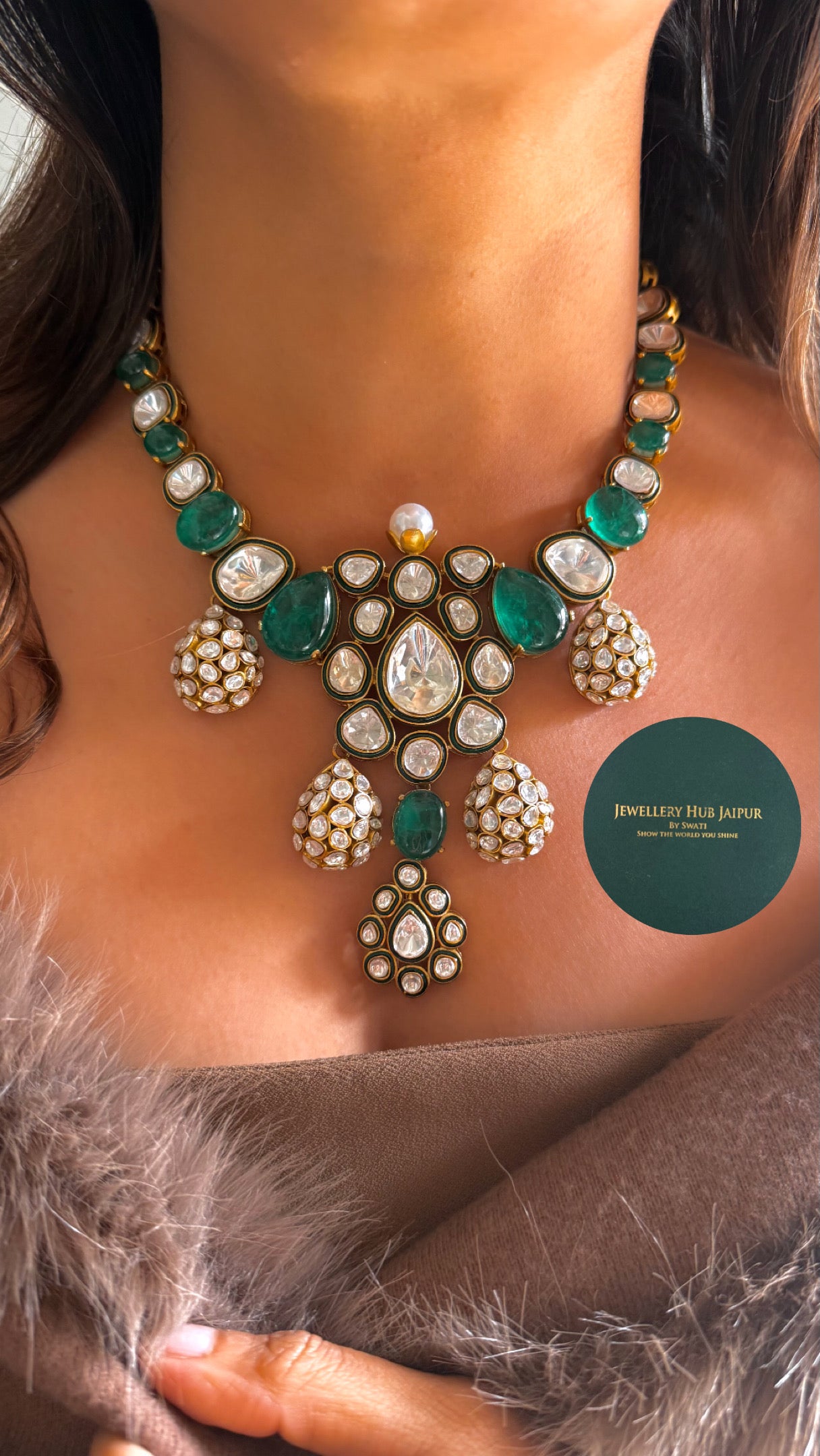 Emerald meenakari designer doublet necklace