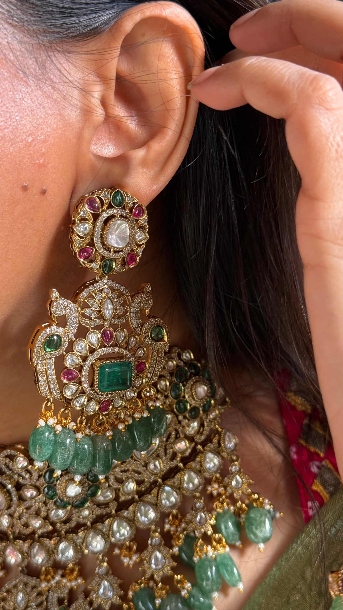 Emerald doublet & Rani pink with mint drops choker set