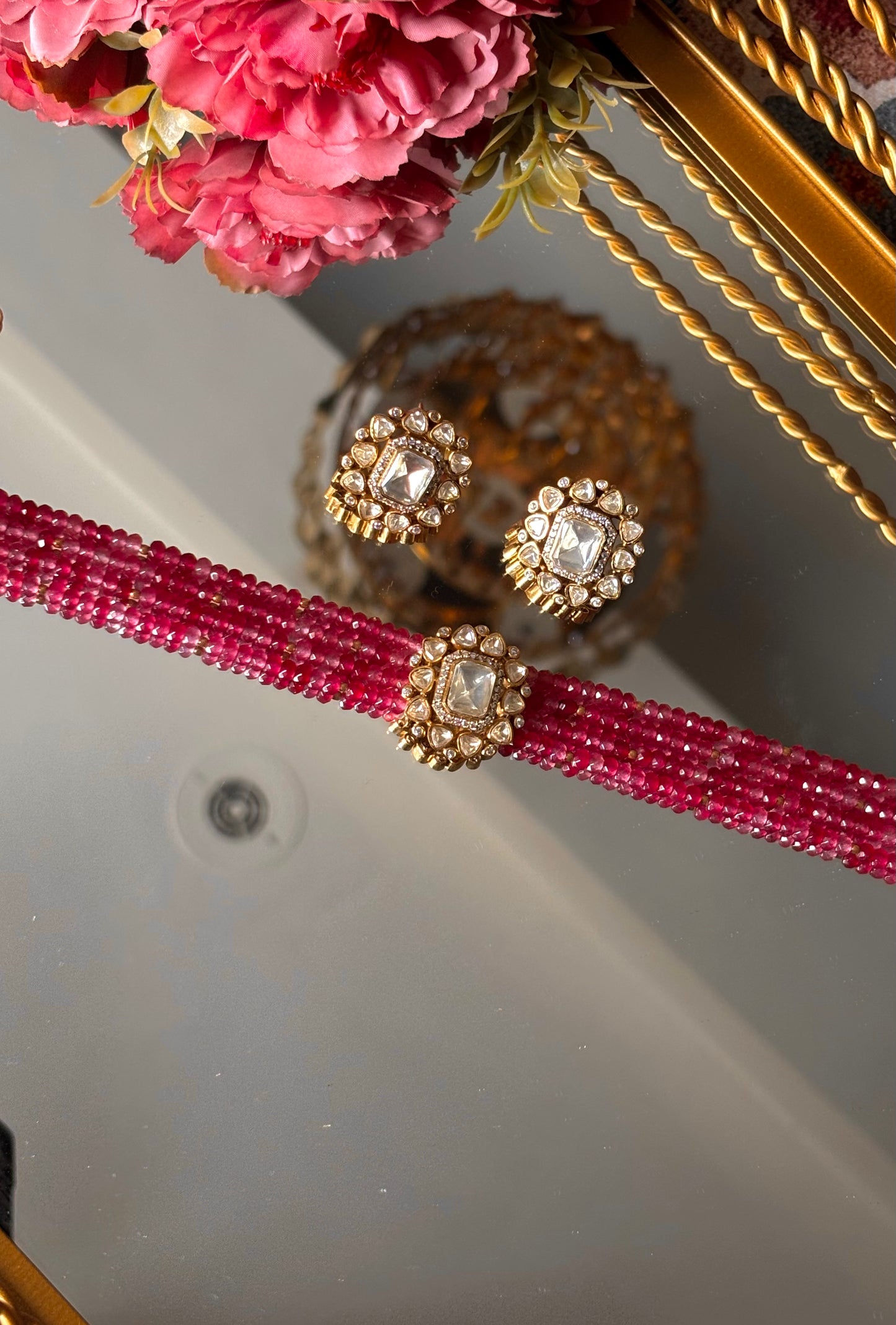 Lv peeli polki rani pink ruby pearl choker Necklace