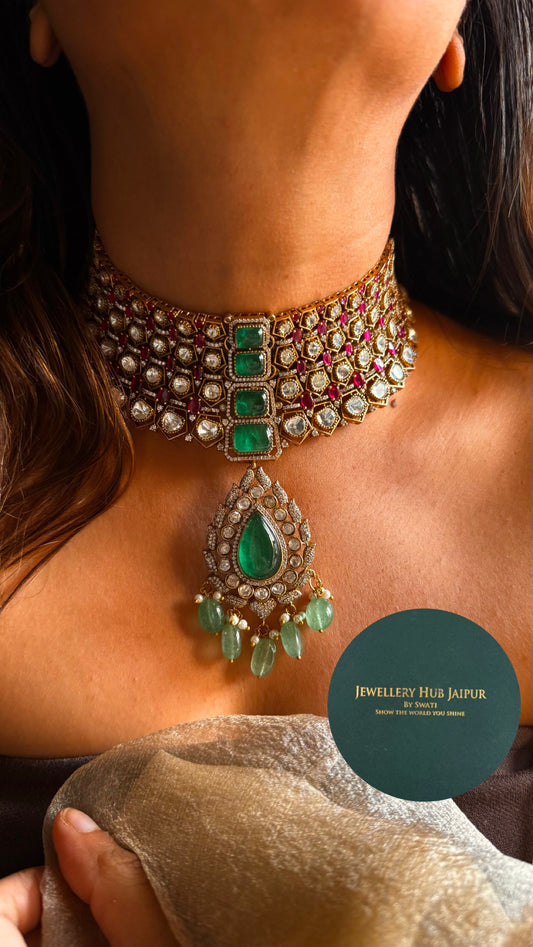 Emerald doublet & Rani pink designer choker