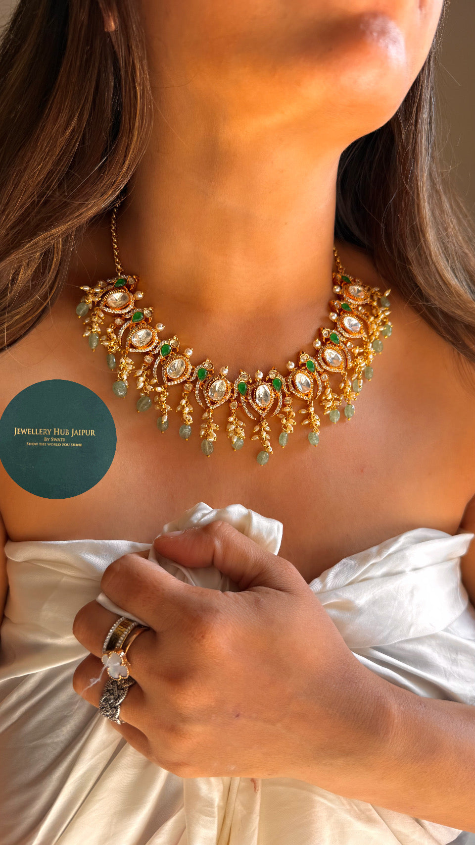 Real moissanite panna peacock inspired necklace with strawberry drops