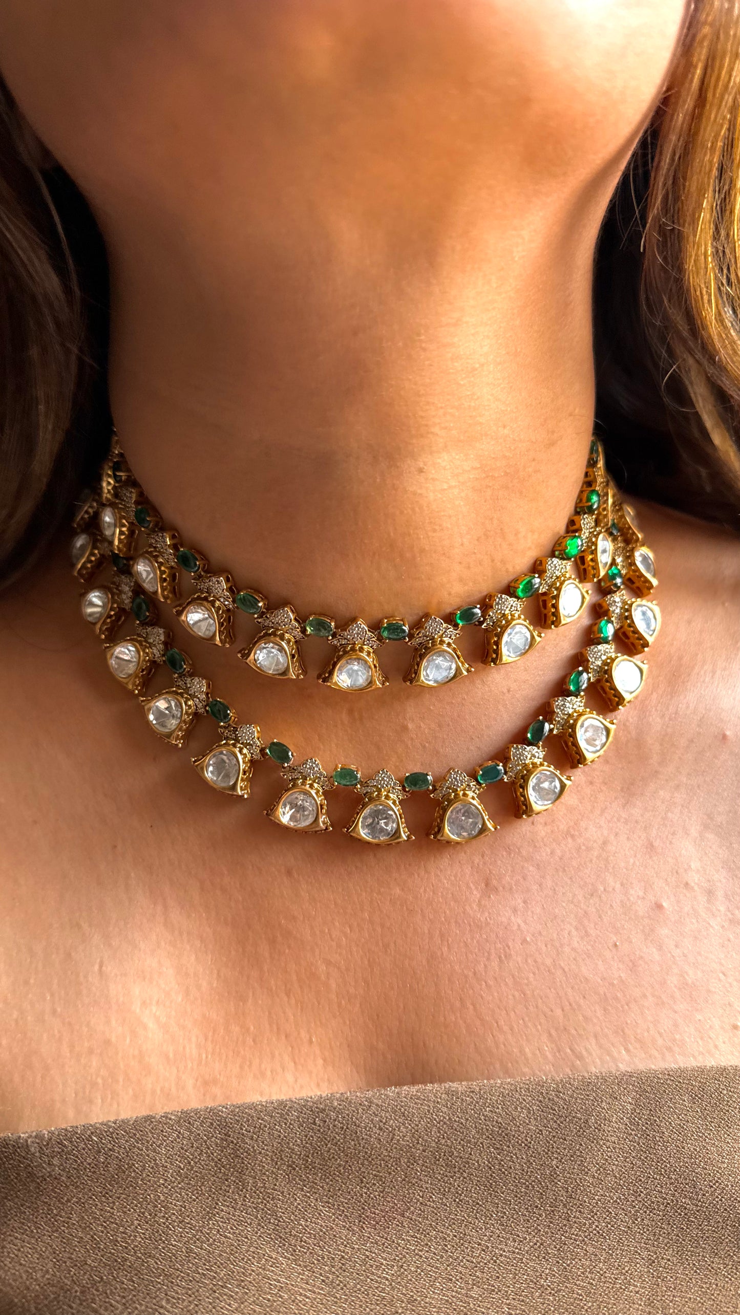Emerald dual line polki collar necklace