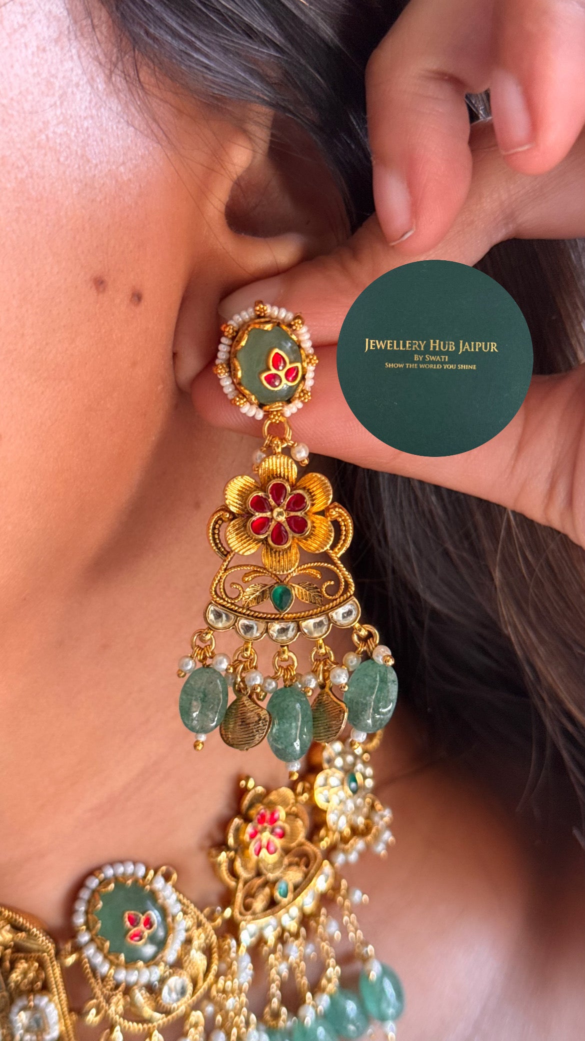 Heritage Mint inlay work & rani pink floral with mint drop royal  rajwada choker set