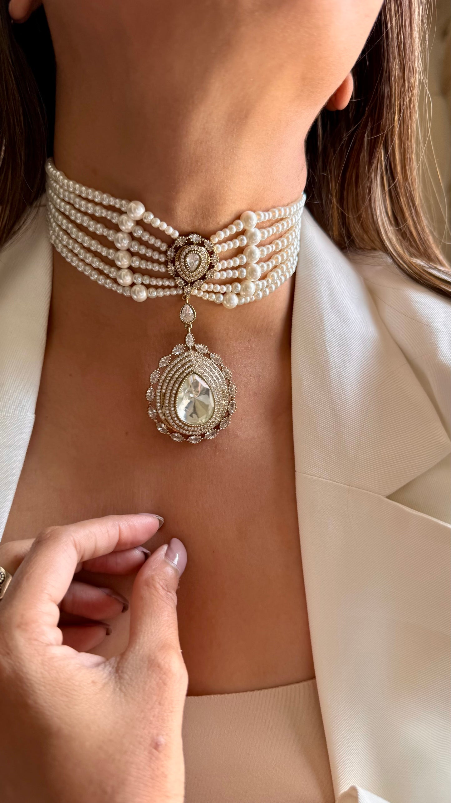 Moissanite polki drop pearl designer choker