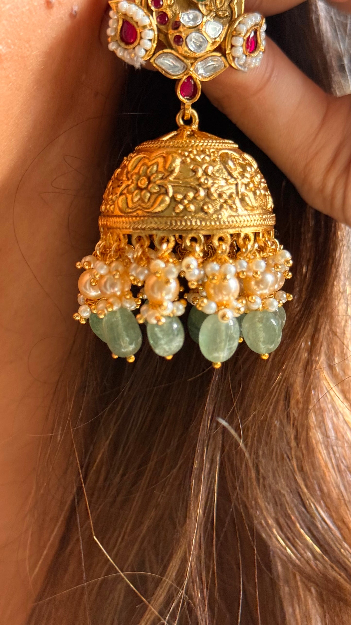 Rani pink & emerald golden heritage jhumka