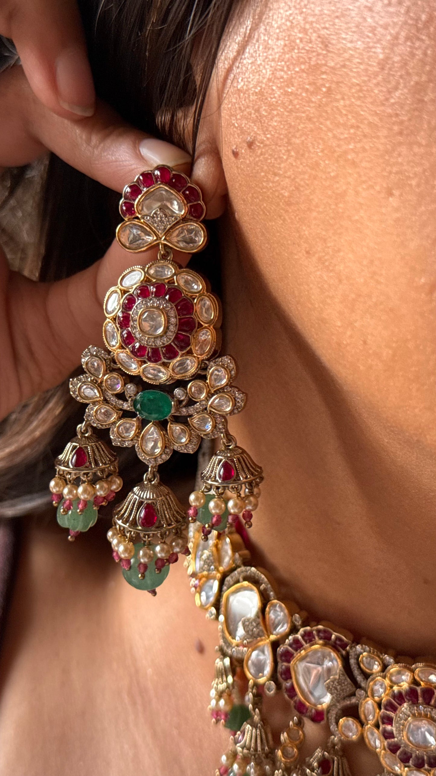 Ruby vintage with mint jhumki detailing choker necklace