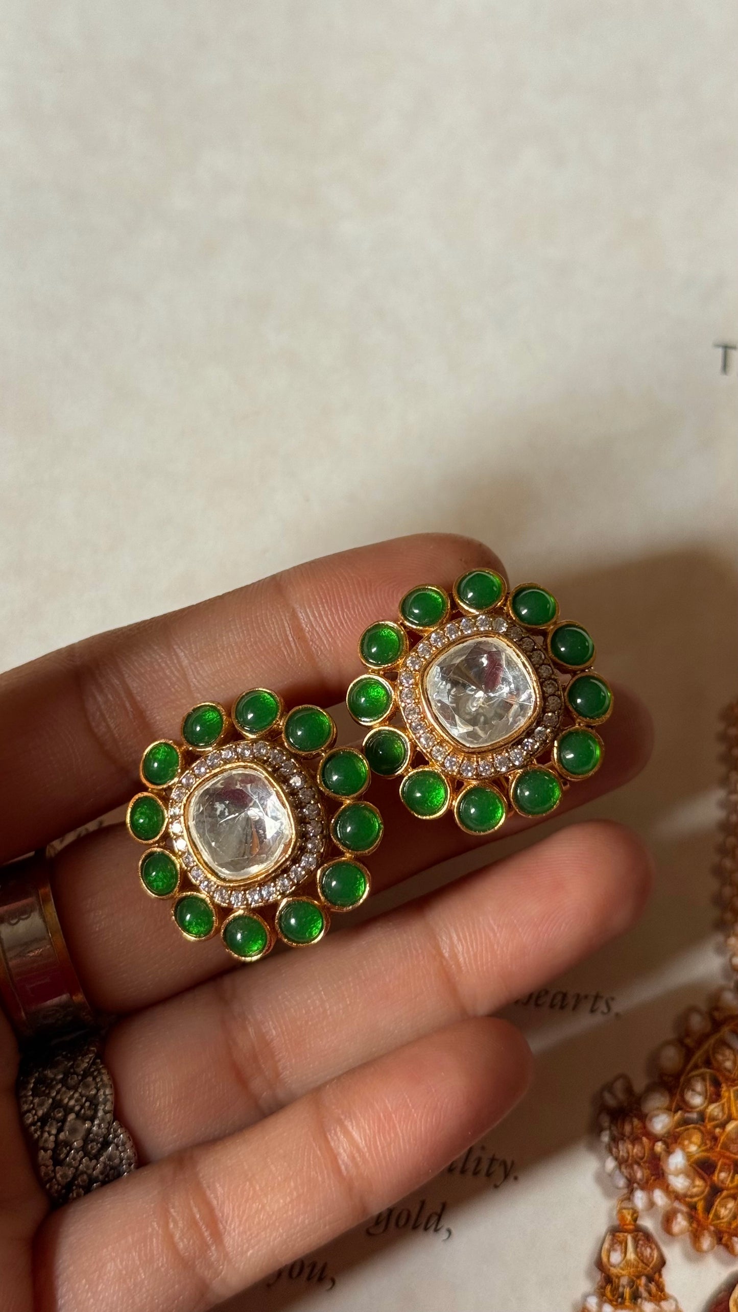 Emerald square shaped polki Studs