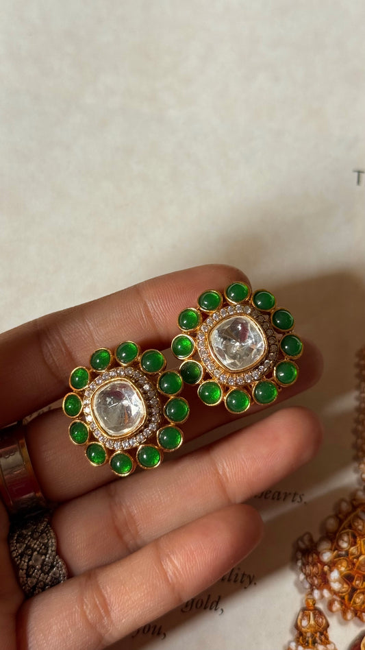 Emerald square shaped polki Studs