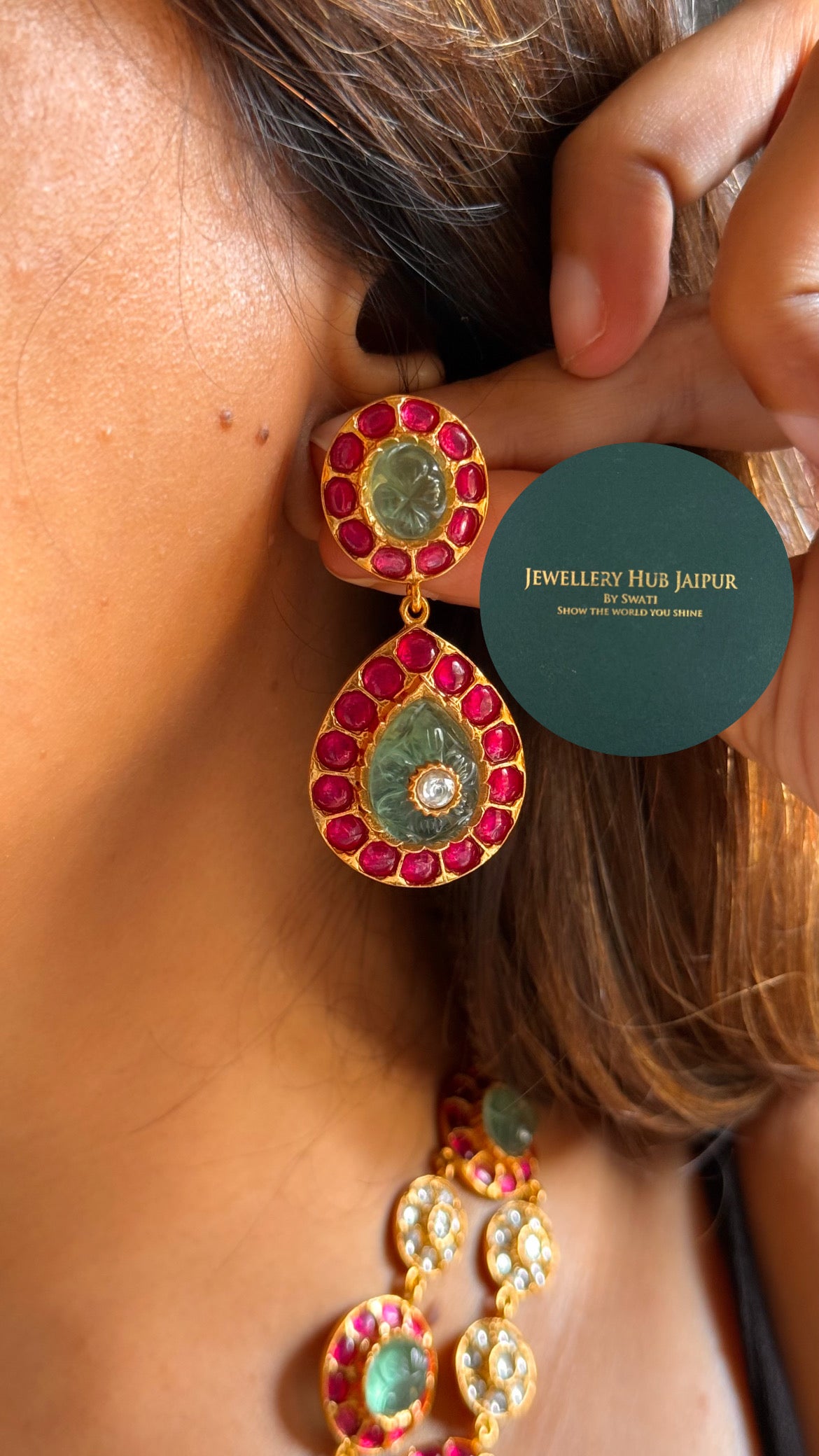 Amrapali inspired Natural stone Mint & rani pink dual layer collar set