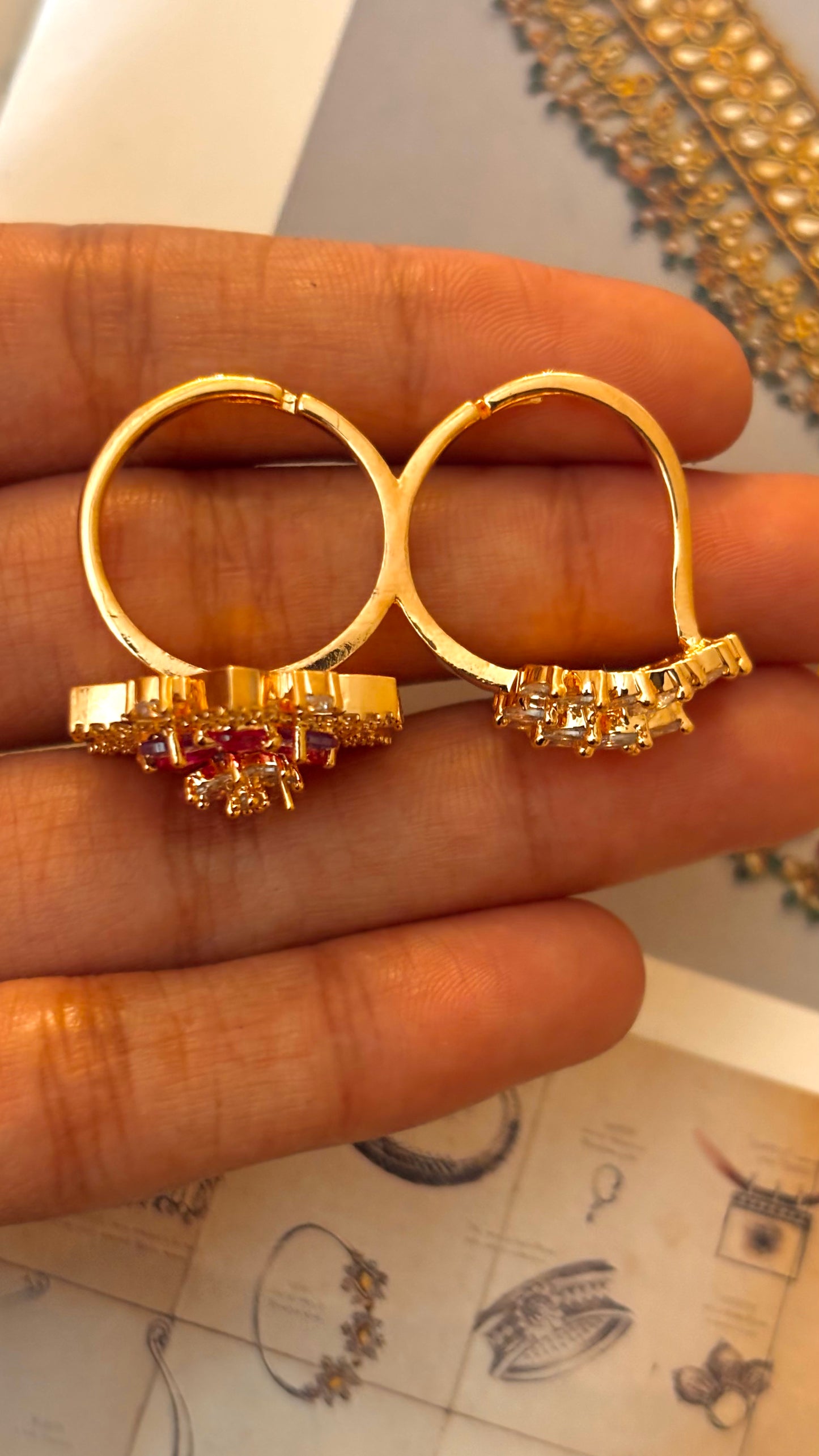 Ruby & tanzanite rose gold adjustable dual finger ring