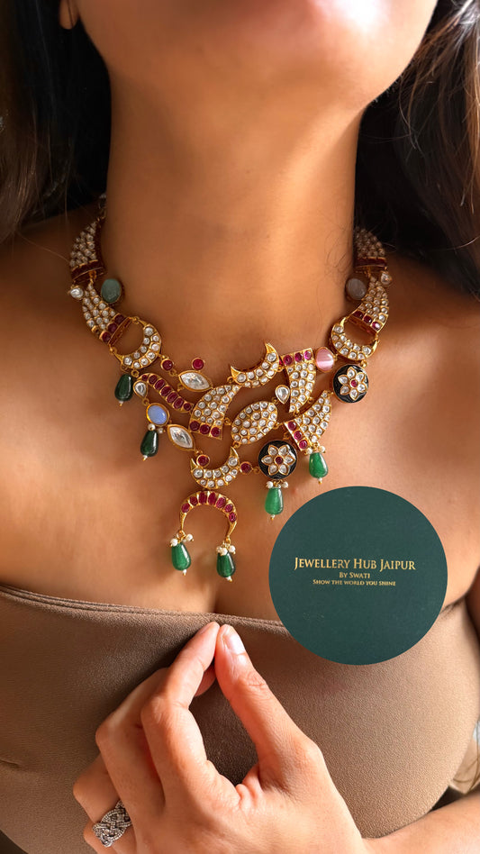 Sabyasachi inspired paachi half moon, Navratna necklace