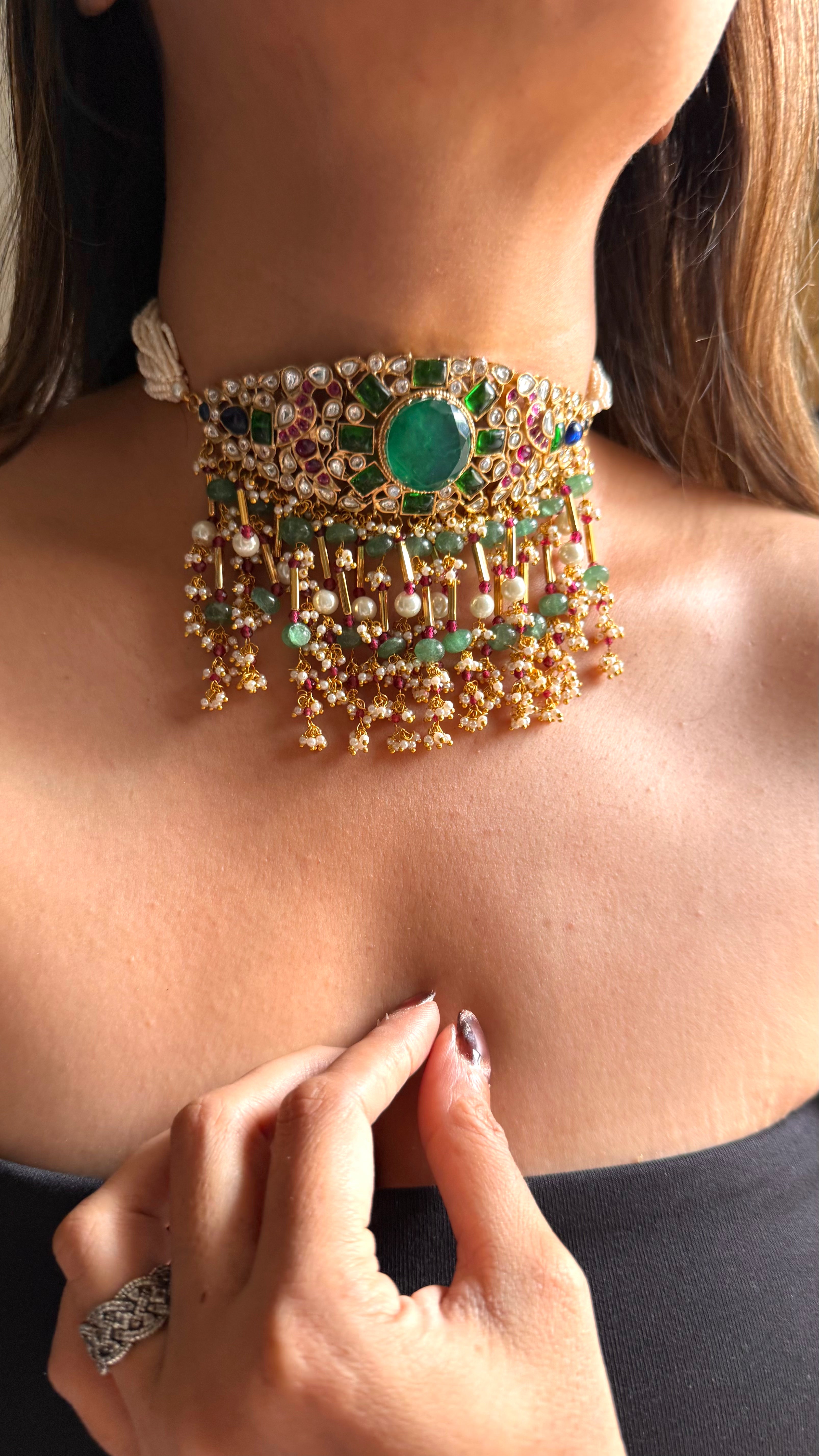 Emerald doublet & rani pink, sapphire moissanite choker