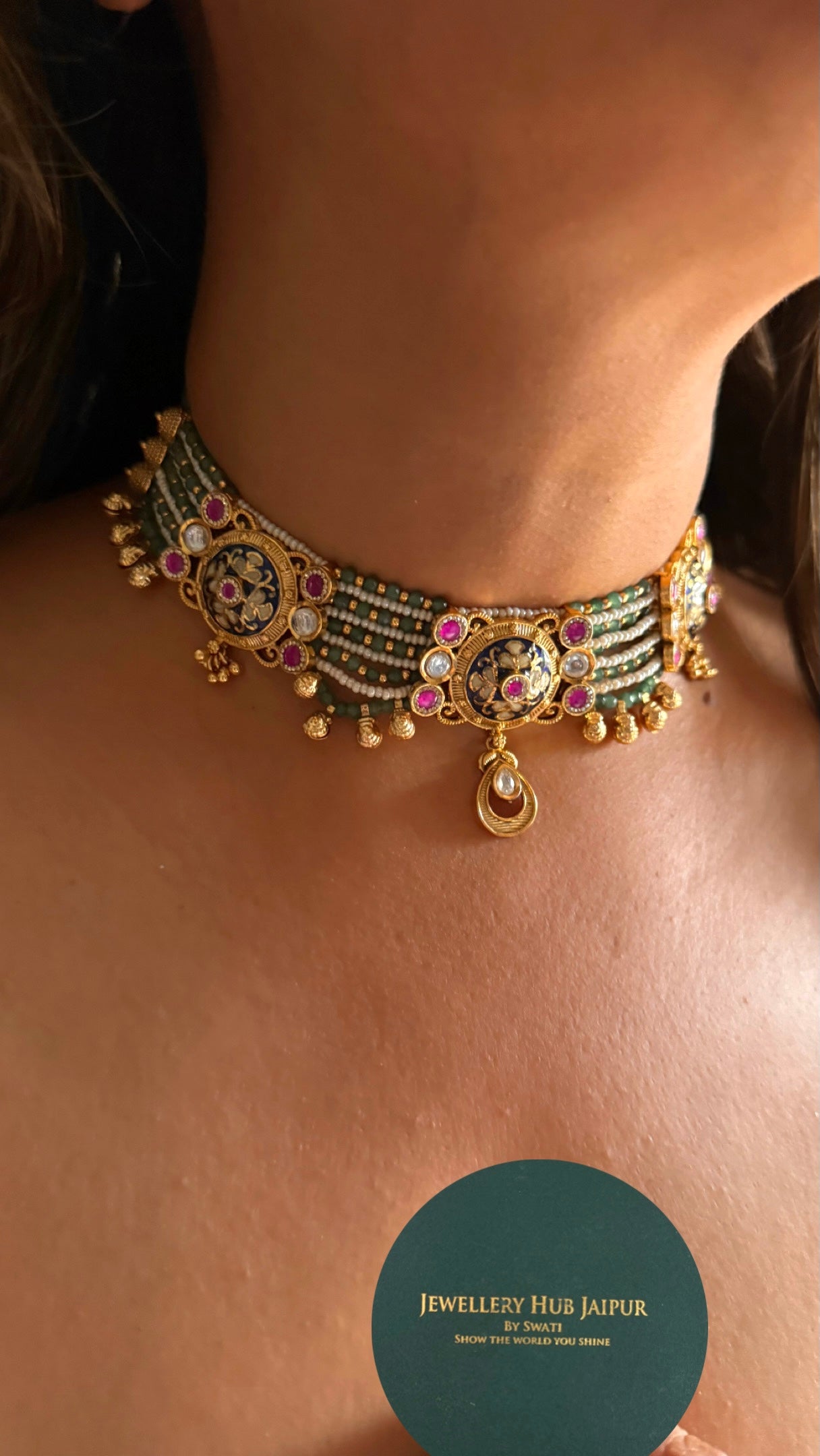 Sapphire inlay carved with emerald detailing heritage Necklace