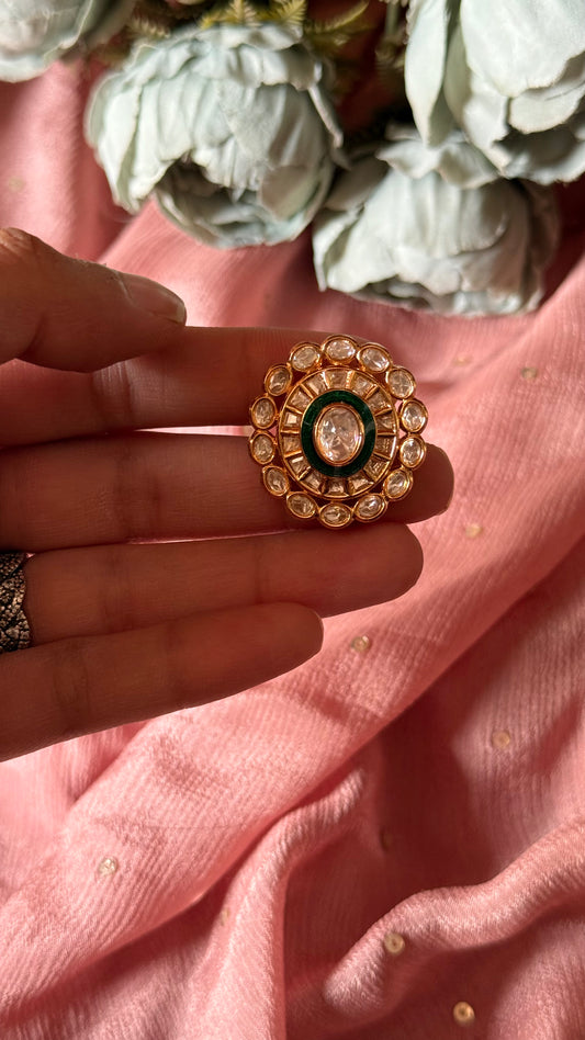 Emerald meenakari polki adjustable ring