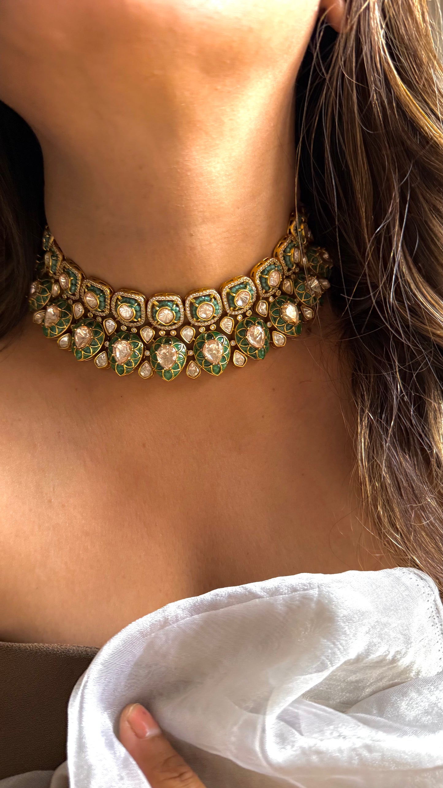 Emerald & Turquoise Lv shade Polki Choker Necklace