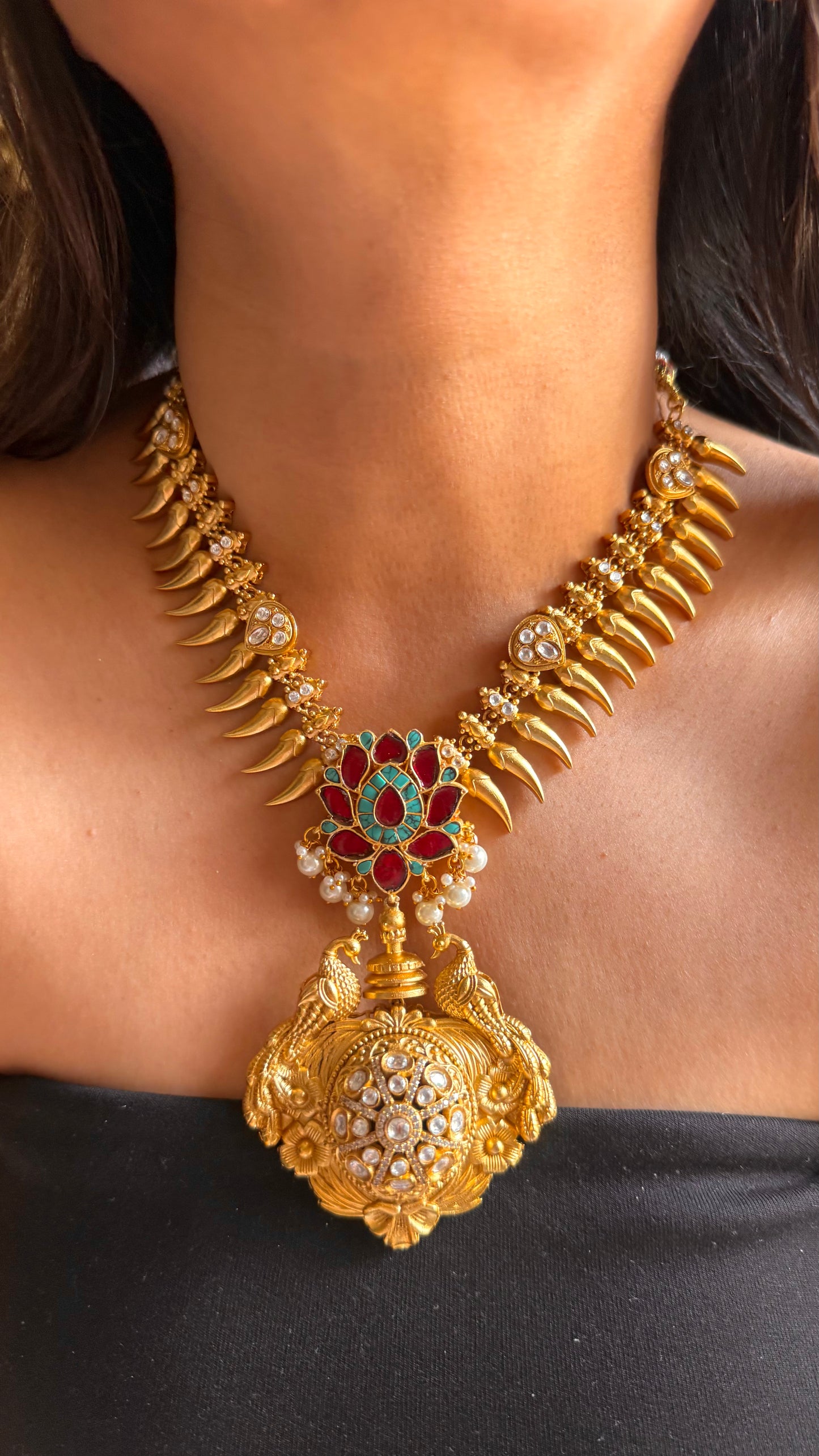 Amrapali inspired Peacock & lotus designer gold polish necklace