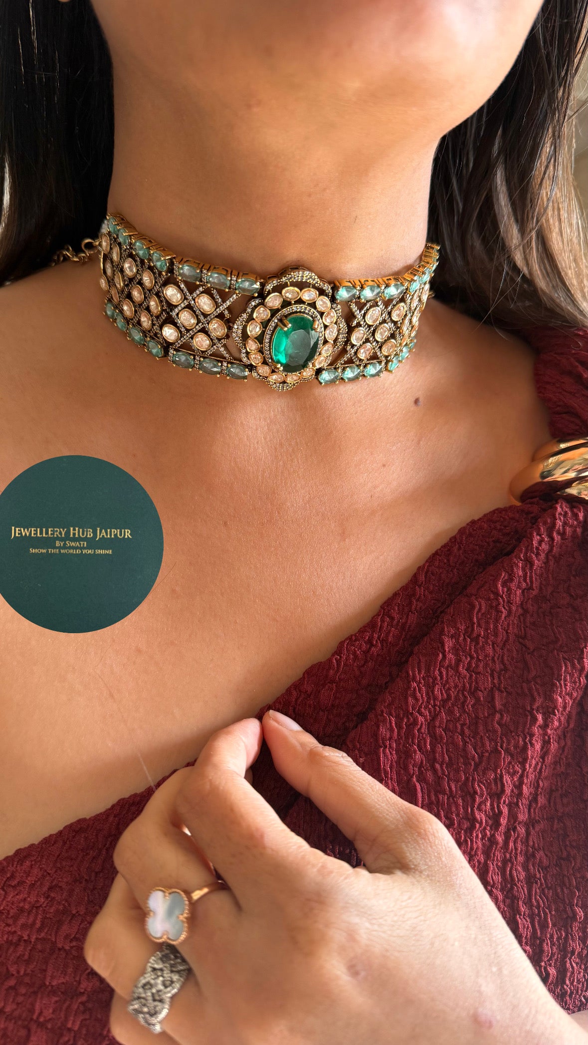 Peeli polki moissanite emerald designer necklace
