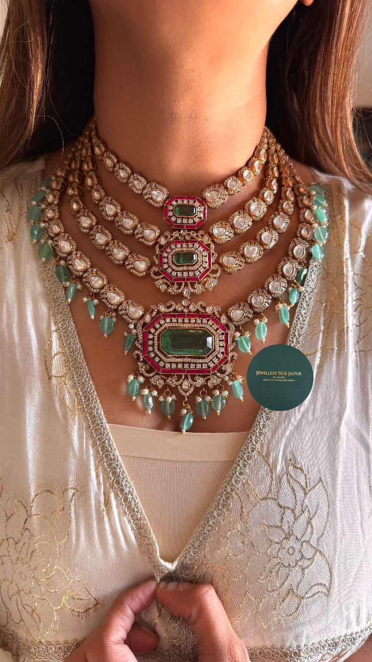 Manvi Mint doublet & rani pink four layer with mint drops necklace