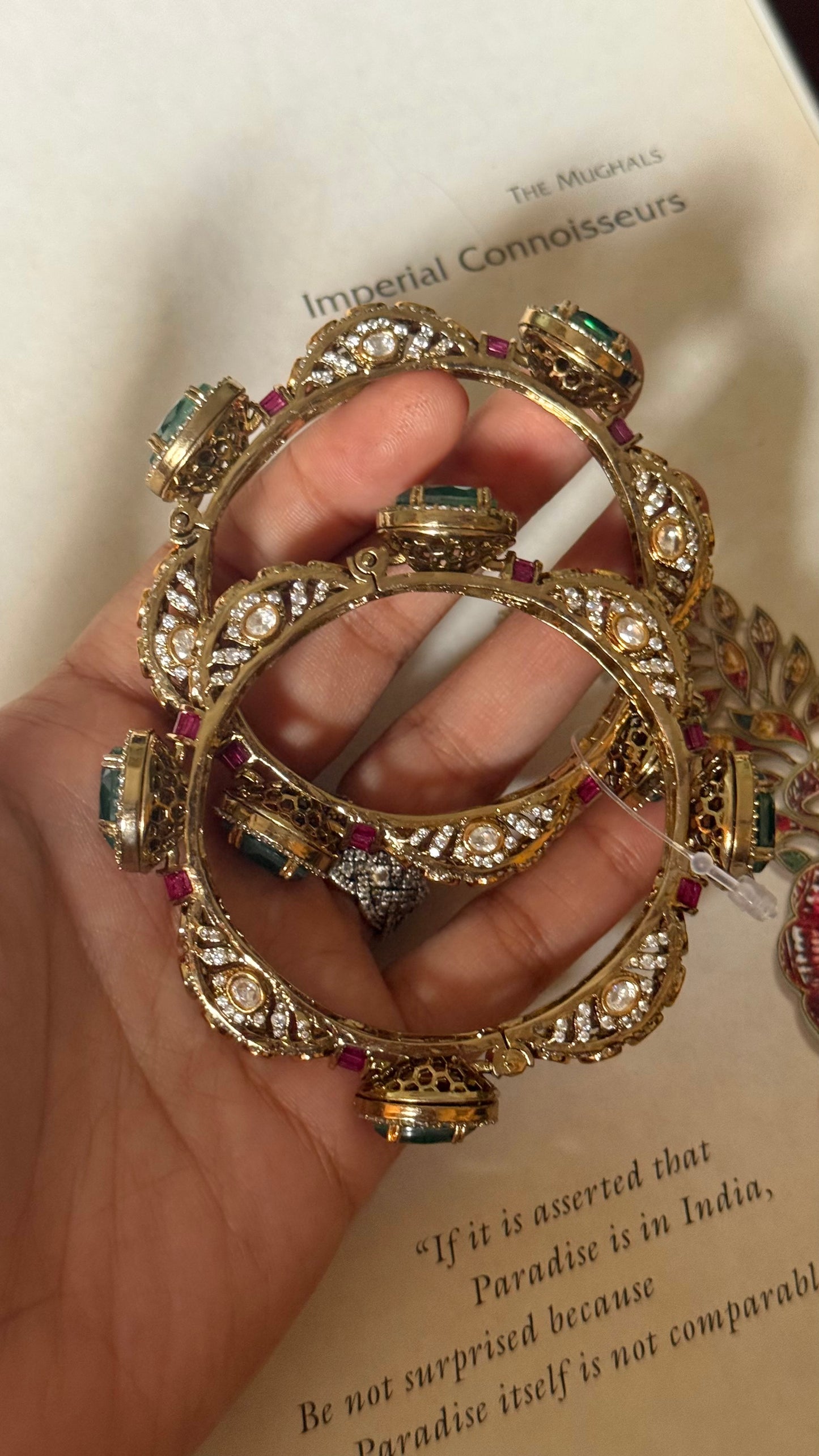 Emerald doublet & rani pink moissanite Victorian openable bangle