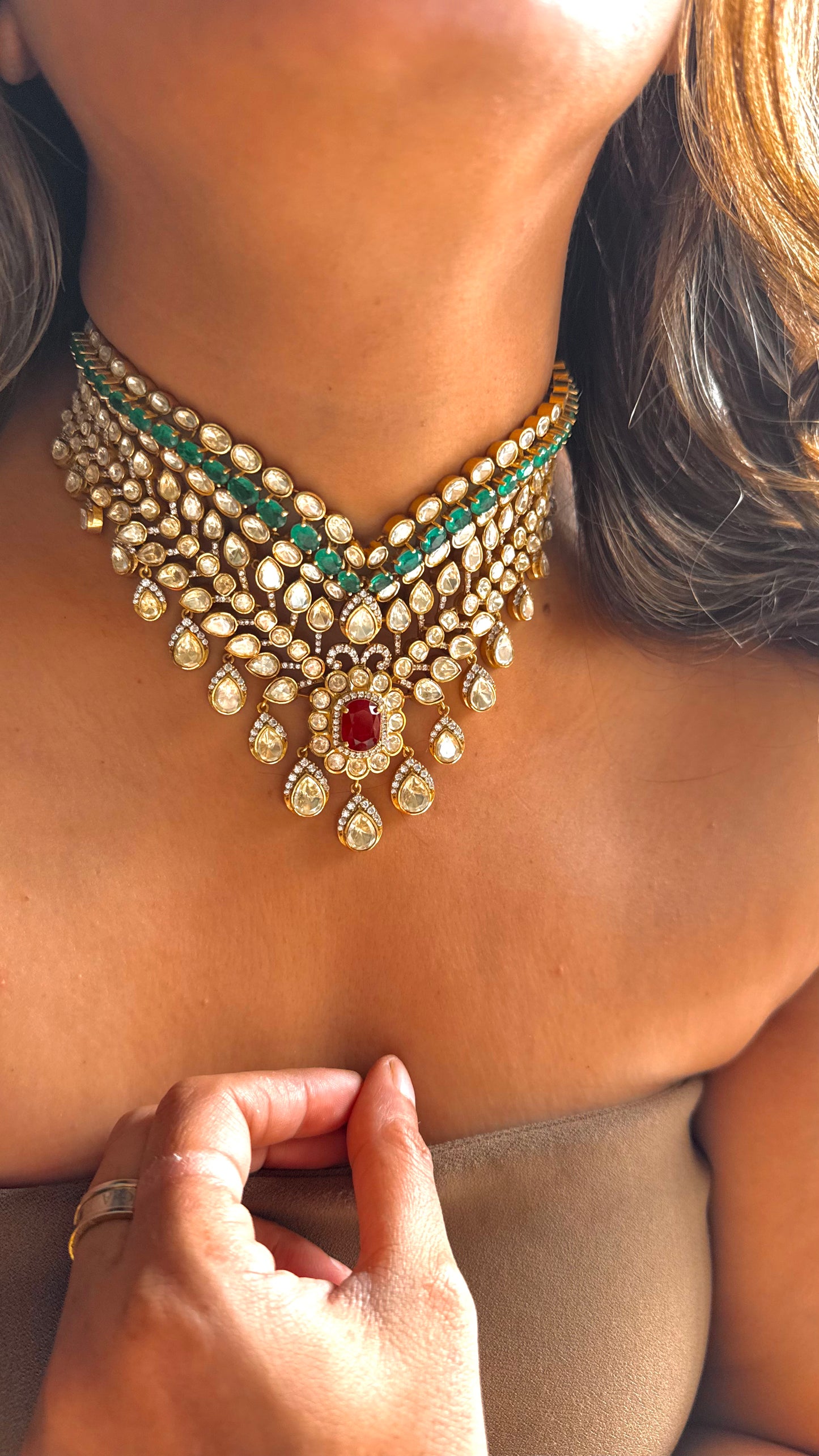 Peeli polki Ruby & Emerald designer Necklace